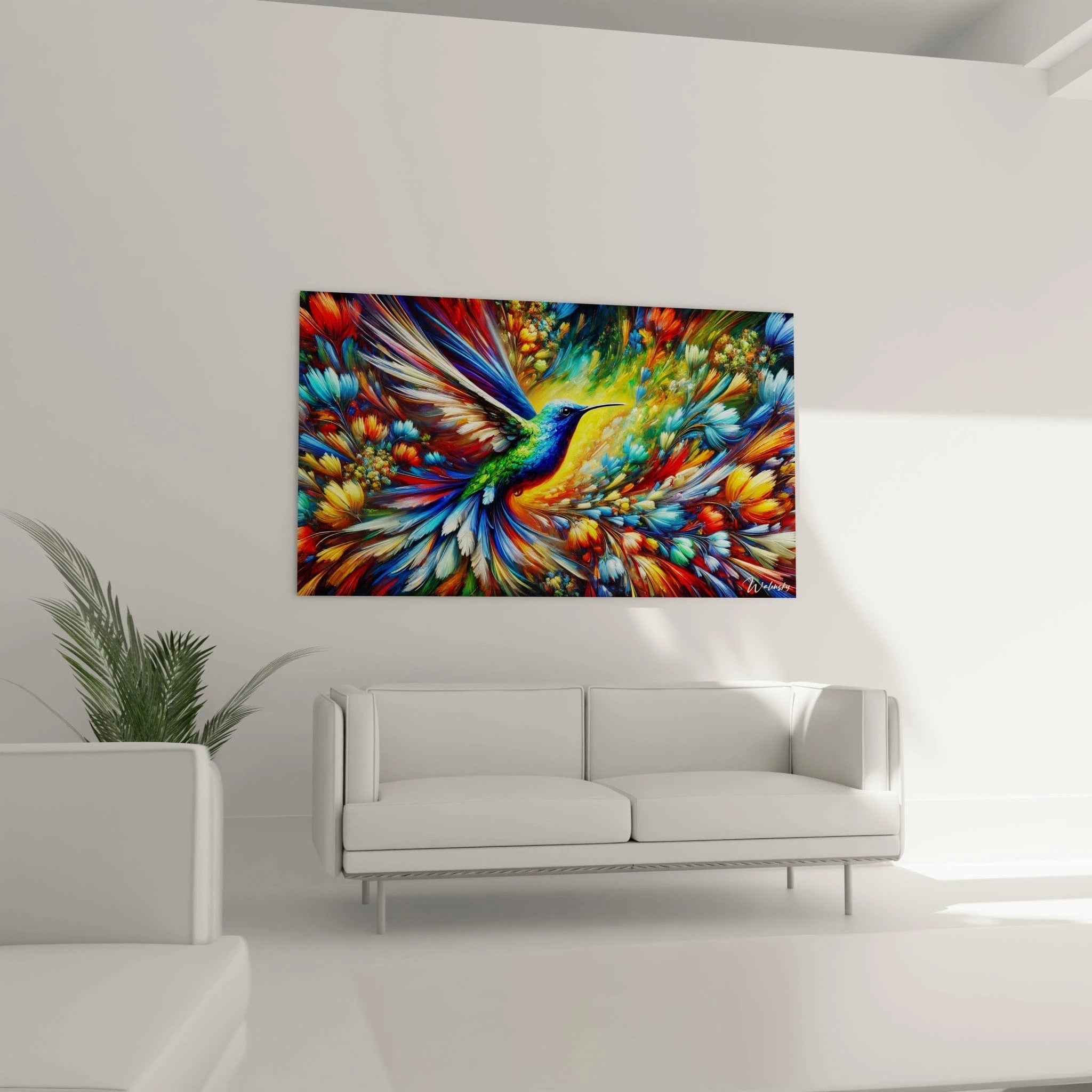 tableau colibri au-dessus du canapé dans un salon lumineux eclats de bleu rouge et jaune dans un decor tropical avec energie pure realisme vibrant et charme hypnotisant qui attire les regards

