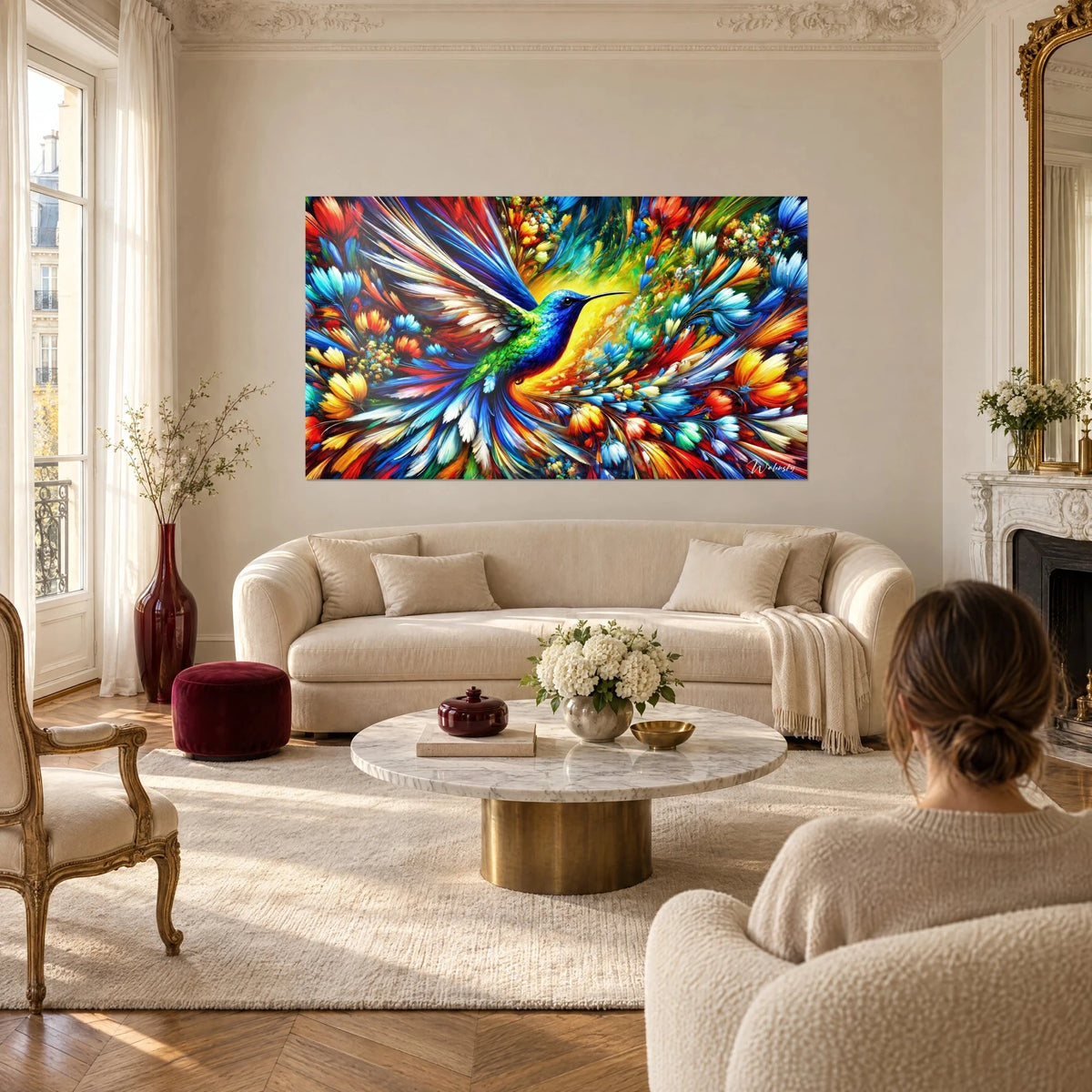 Tableau colibri bleu cobalt en vol stationnaire, plumes vertes et ailes blanches sur fond jaune, au-dessus d'un canapé dans un salon lumineux