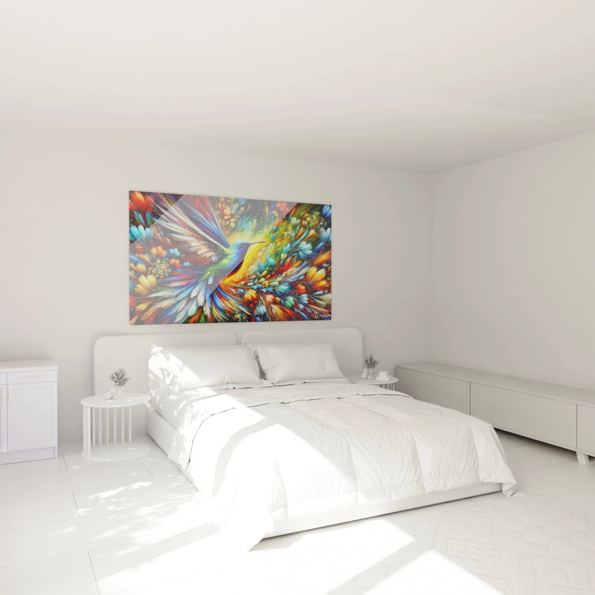 tableau colibri au-dessus du lit dans une chambre apaisante design tropical melant plumeaux colores fleurs luxuriantes ambiance serene et energie vibrante ideale pour reverie et detente

