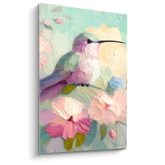 Tableau Colibri mauve perché parmi les pivoines roses - Instant suspendu au jardin - Edition Colibri