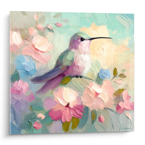 Tableau Colibri mauve et vert sur roses - Halte fleurie - Edition Colibri