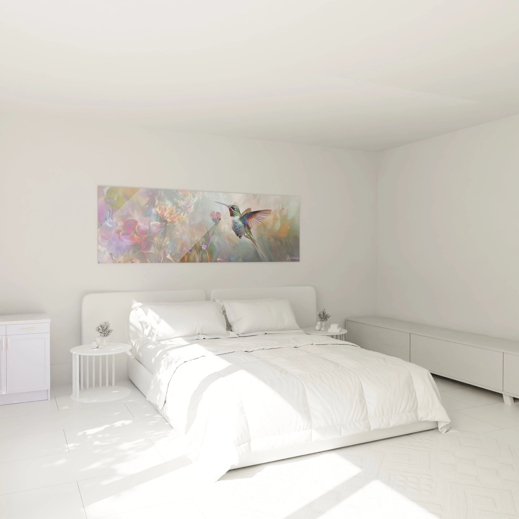 Tableau colibri de Walensky avec des couleurs pastel, parfait pour une décoration moderne de chambre