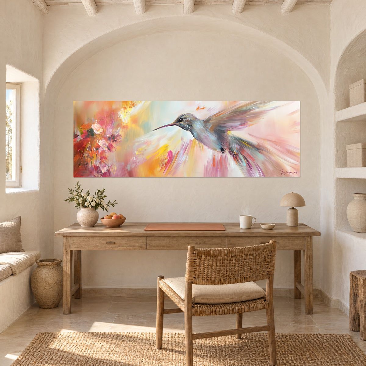 Wall art bird with vibrating wings painted in lemon yellow and coral touches, hung in the vaulted alcove of a light stone office