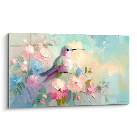 Tableau Colibri perché parmi fleurs roses et bleues - Éveil printanier - Edition Colibri