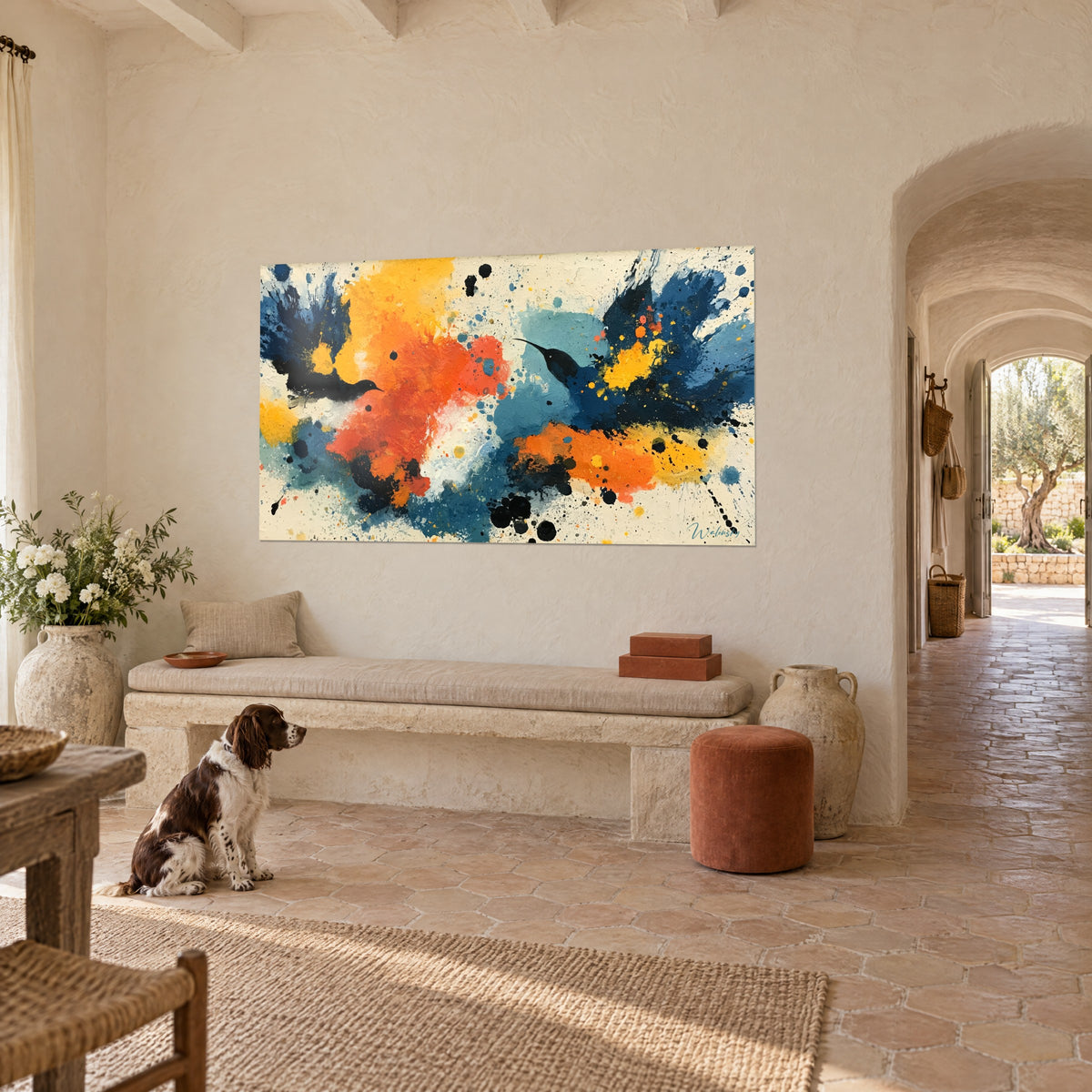 Tableau oiseaux-mouches noirs aux becs fins, taches turquoise et orange vif sur fond crème, dans un mas provençal avec spaniel