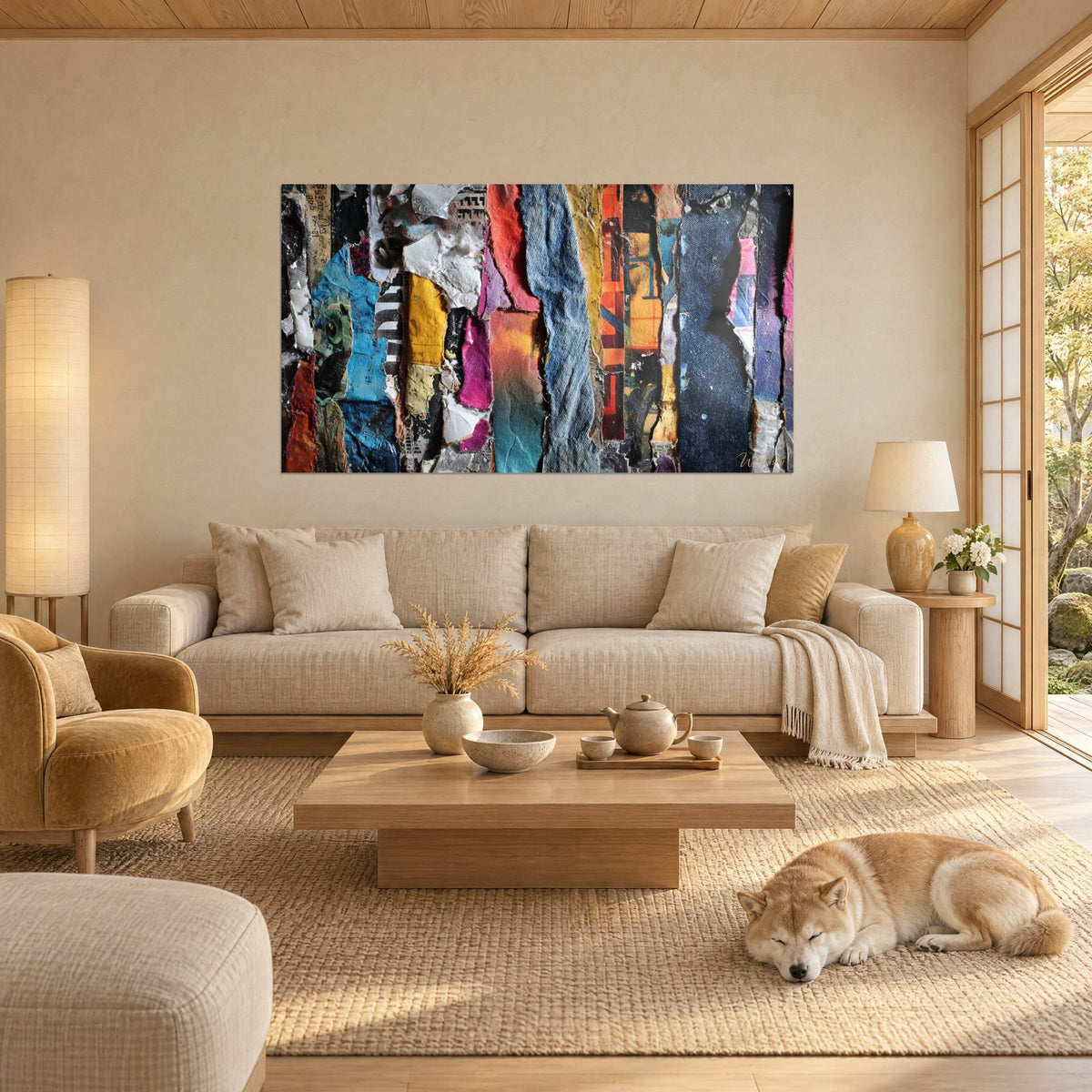 Gemälde Collage aus zerrissenem Papier in roten, blauen und gelben Streifen, ein liegender Shiba davor, über einem Sofa in einem hellen Wohnzimmer