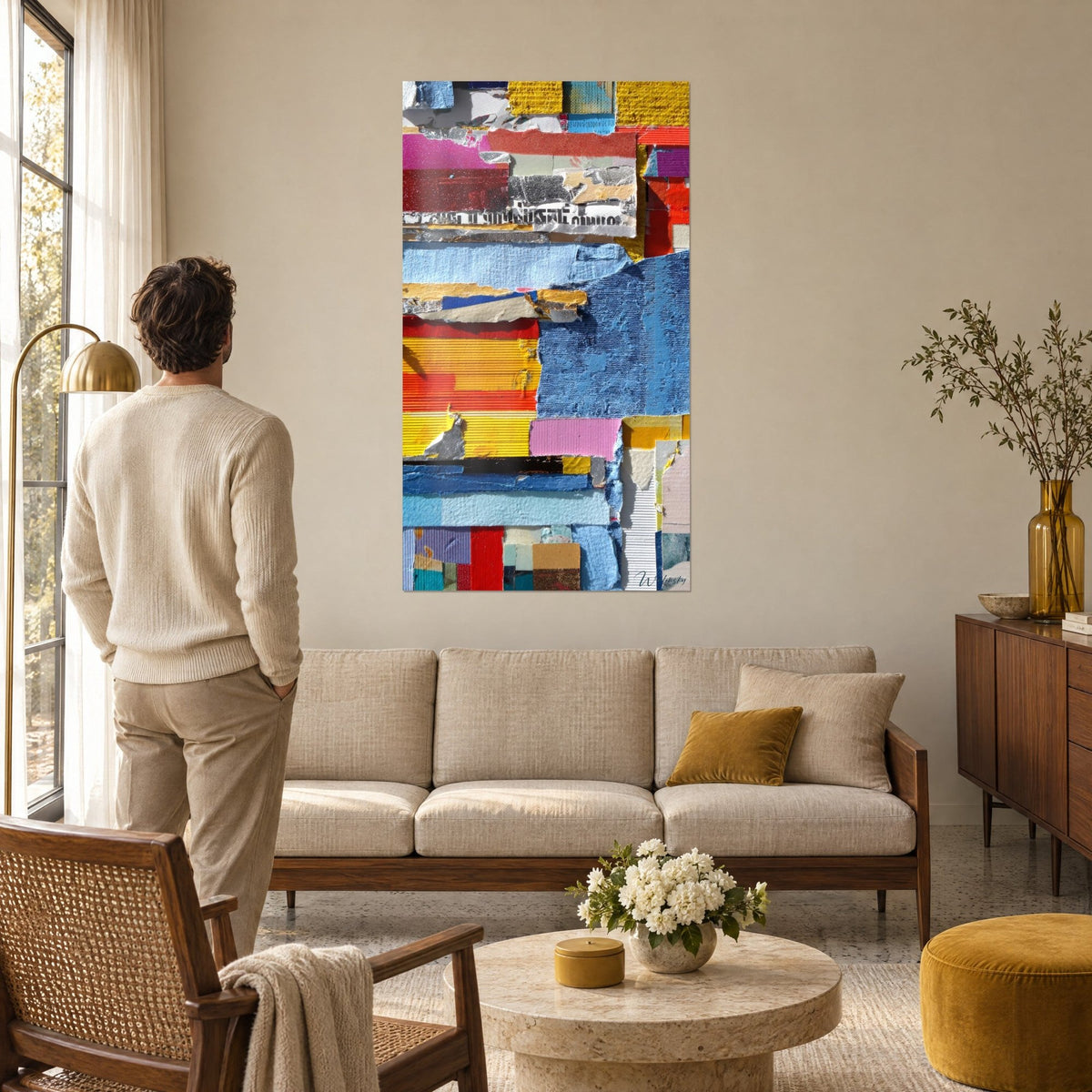 Gemälde aus zerrissenen Papierfragmenten in Senfgelb und Jeansblau, Mann von hinten, über einem Sofa in einem hellen Wohnzimmer