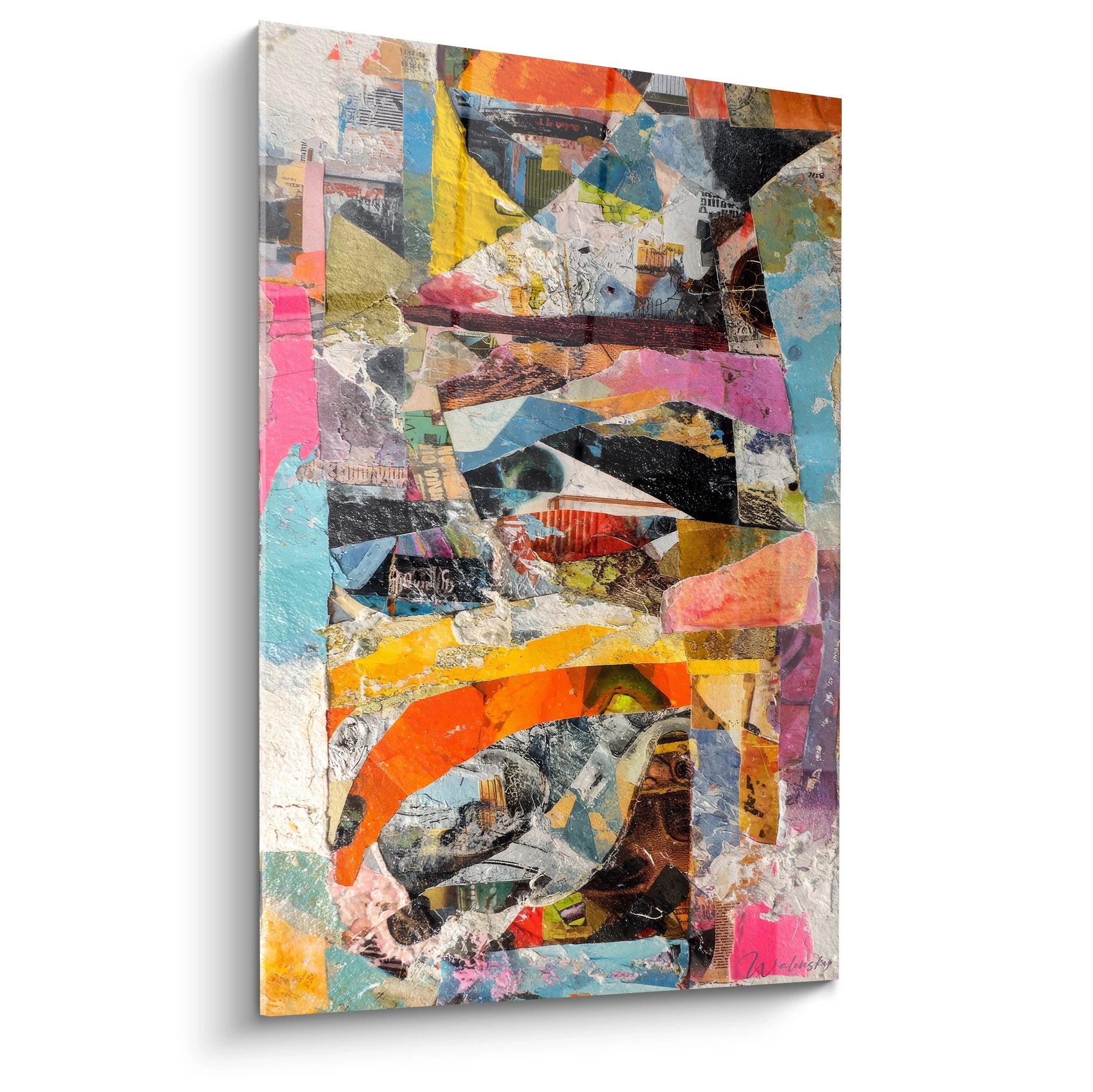 Tableau mural collage abstrait géométrique aux couleurs vives orange rose bleu pour décoration moderne