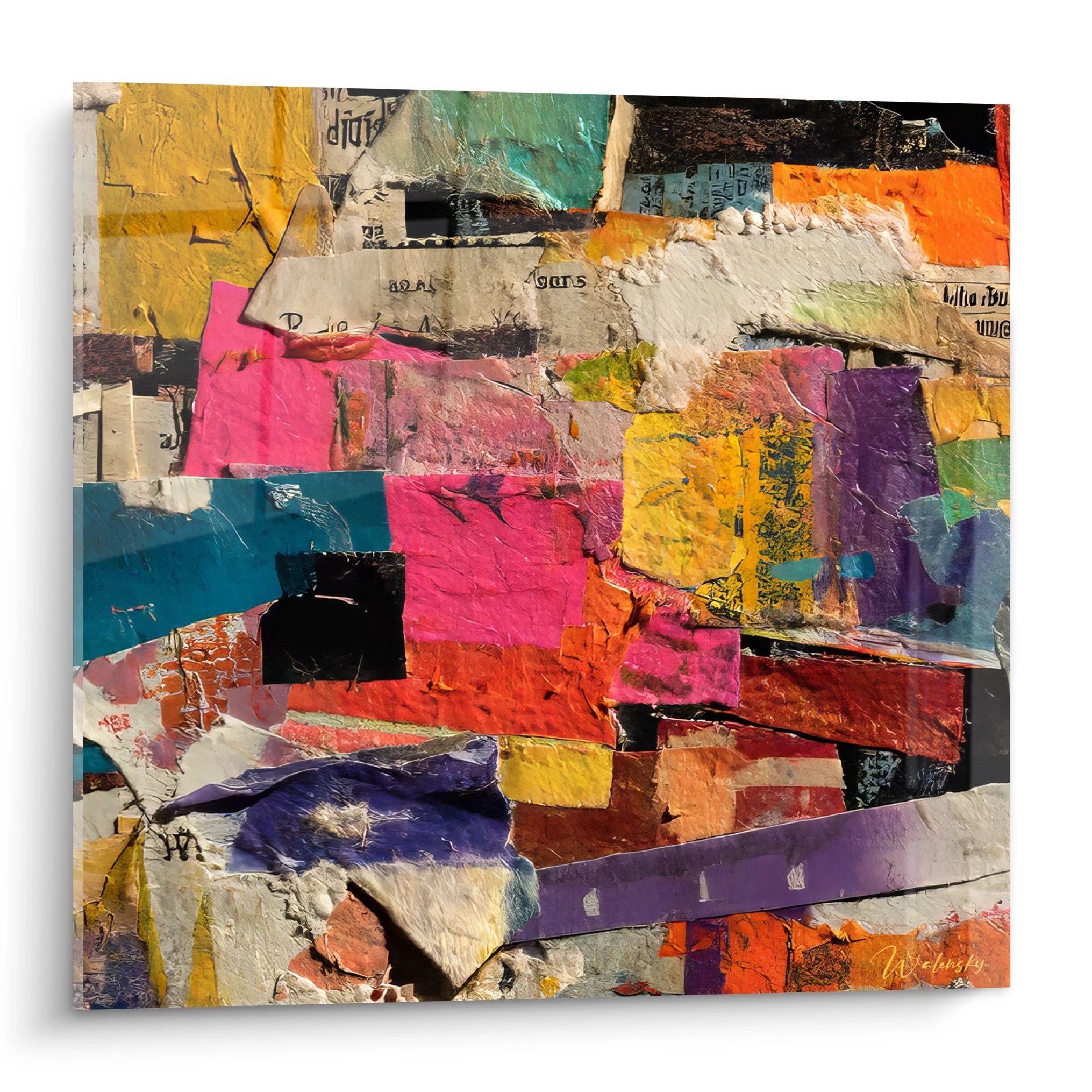 Tableau collage abstrait multicolore avec fragments papier et peinture - décoration murale moderne