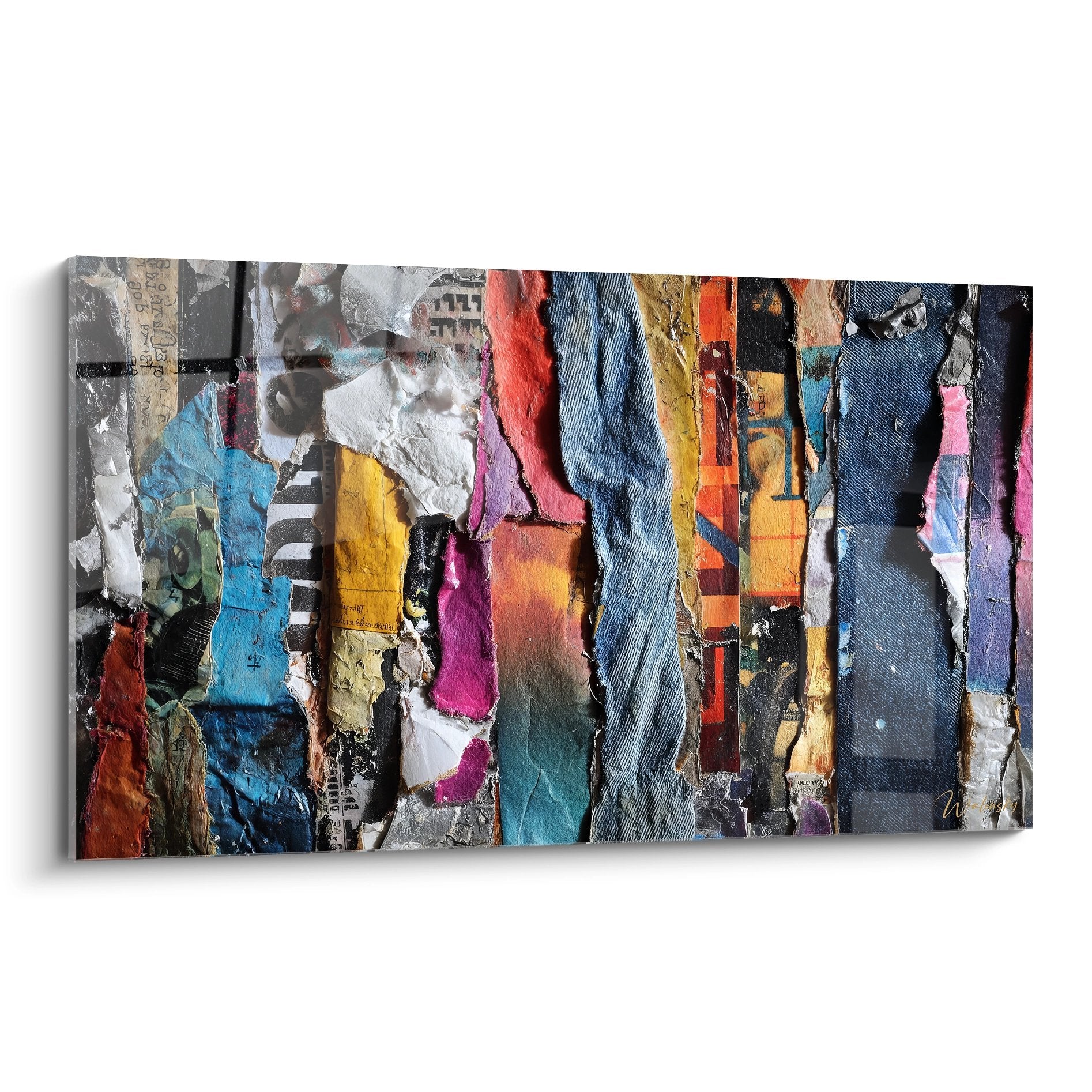 Tableau collage abstrait multicolore avec fragments urbains et textures variées pour décoration murale moderne