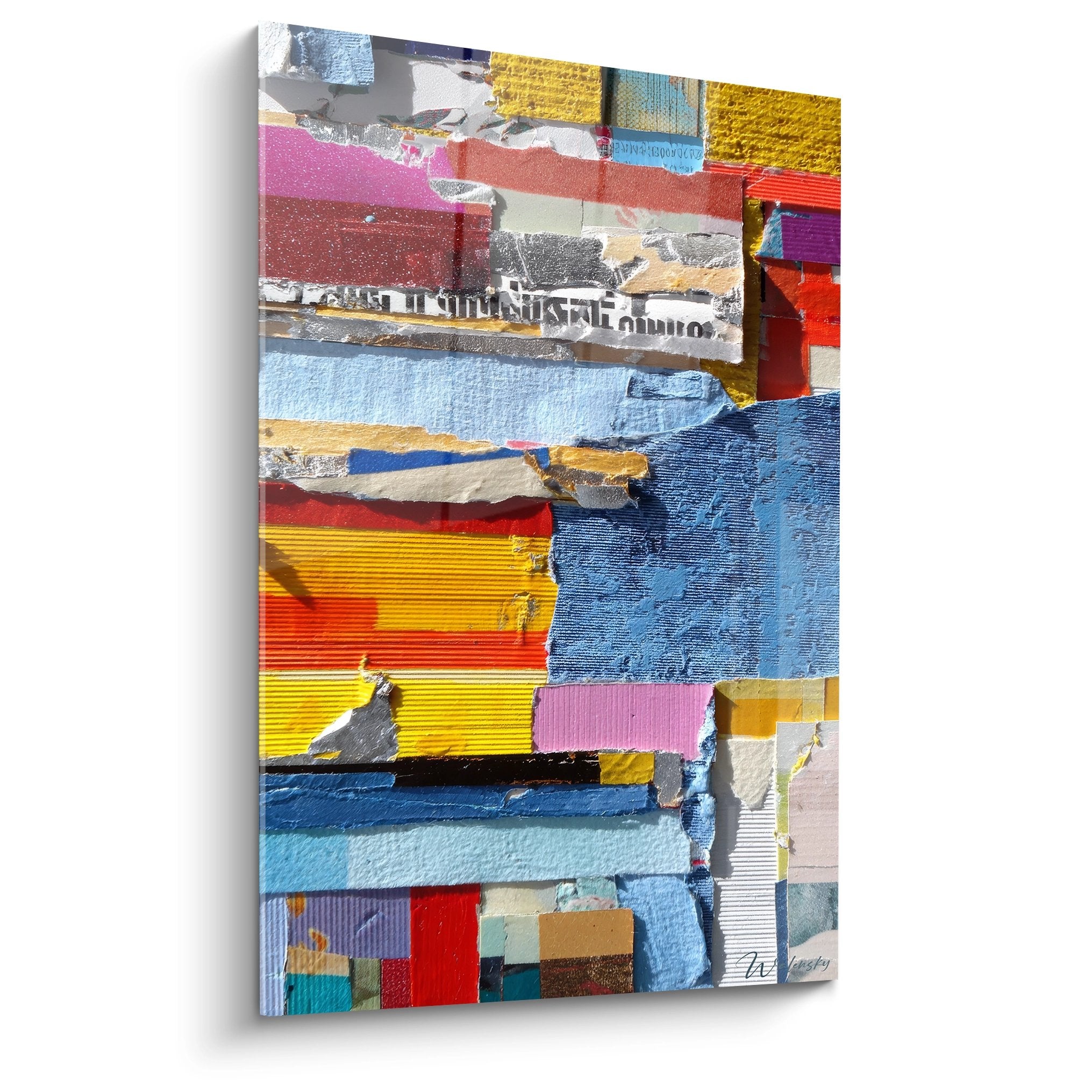 Tableau mural collage abstrait avec fragments colorés et textures variées en mosaïque moderne