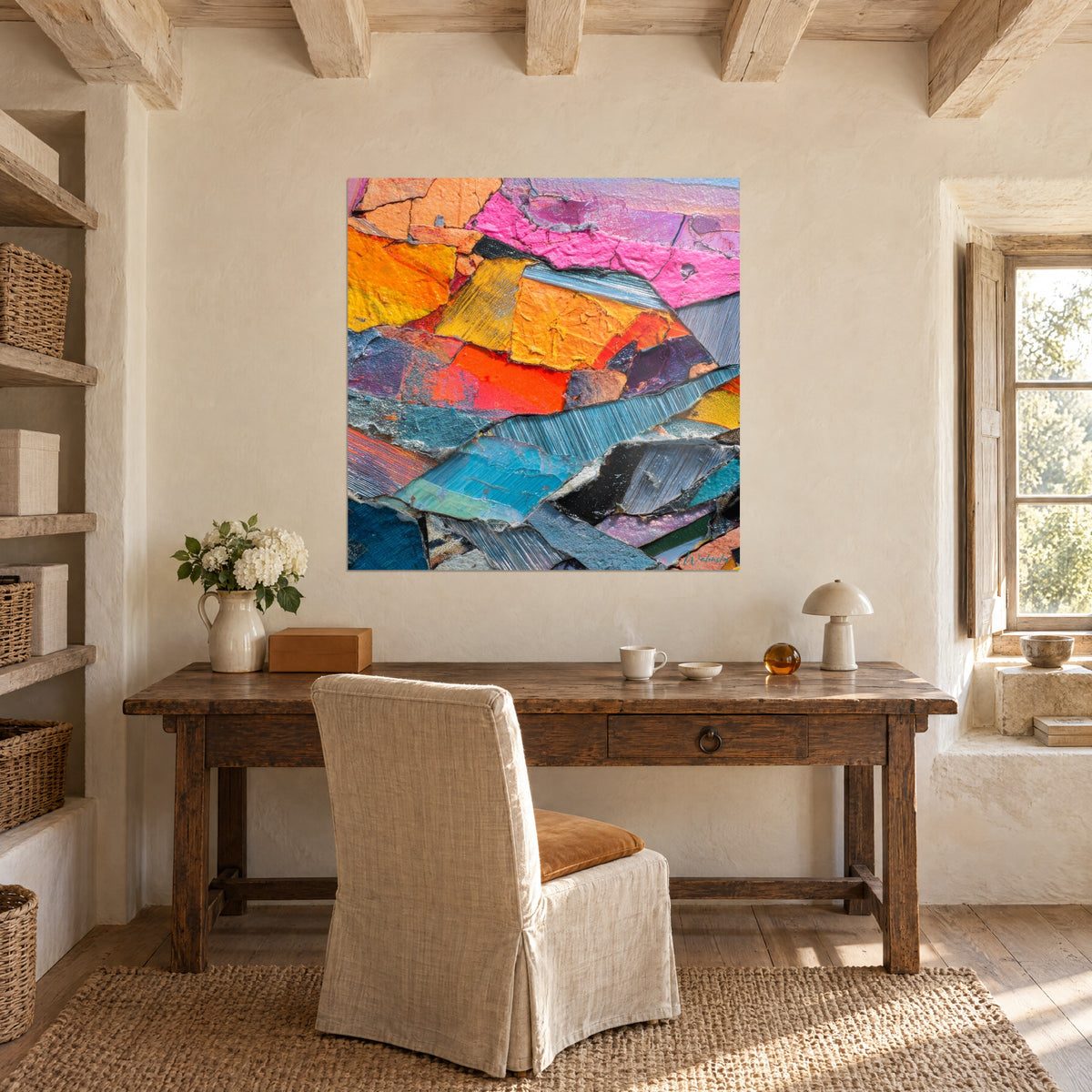 Πίνακας patchwork από παχιά χρώματα έντονο πορτοκαλί, ροζ και ατσαλί μπλε, σε κρεμ τοίχο πάνω από αντίκα ξύλινο γραφείο