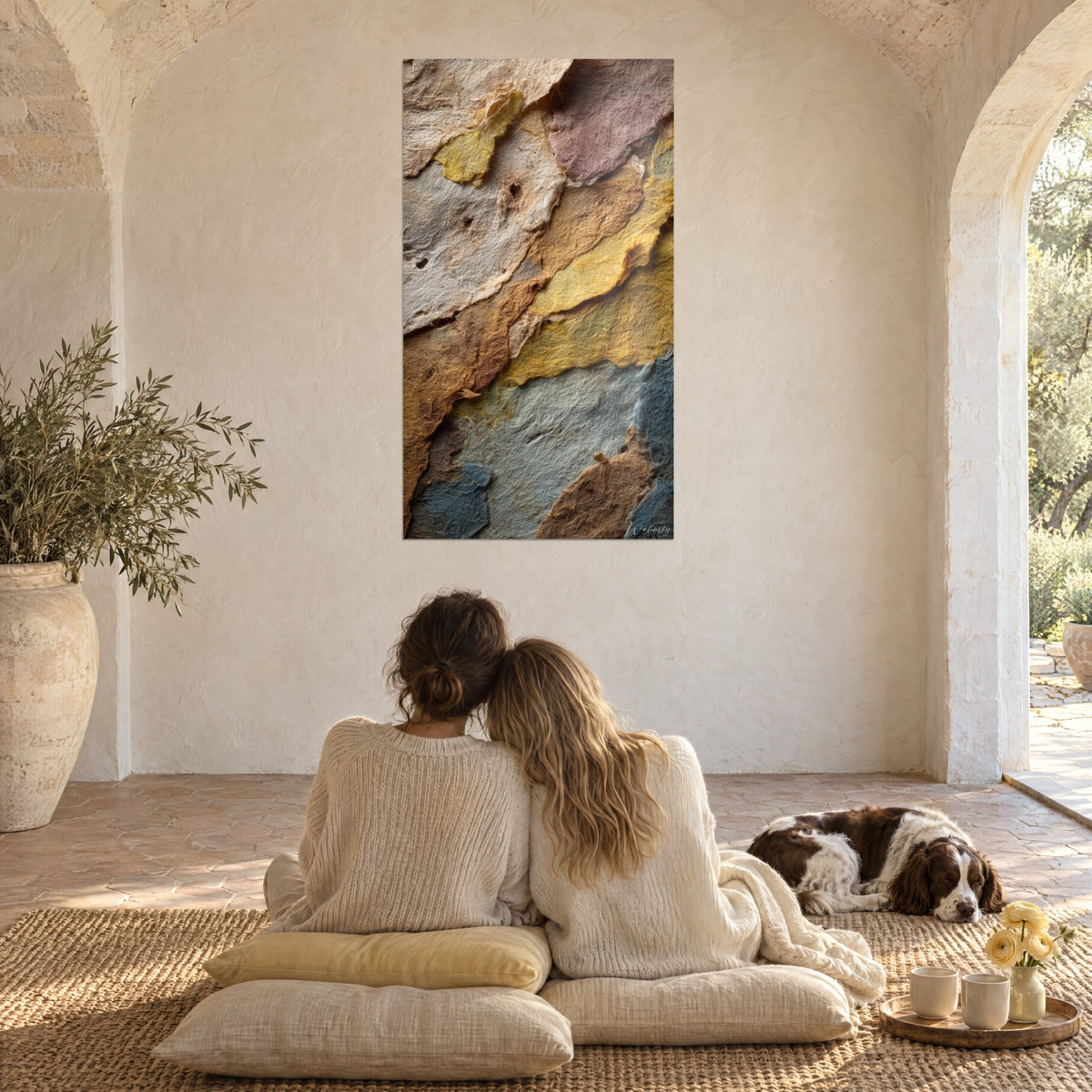 Quadro paesaggio di rocce stratificate, beige rosato, ocra dorata e blu notte, in un casale a volta, coppia di spalle e uno spaniel