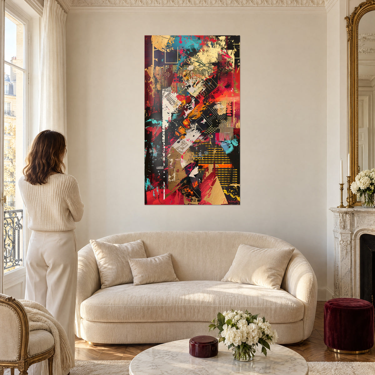 Gemälde Urban-Collage in Karminrot und Gold, türkisfarbene Spritzer, Frau von hinten, über einem Sofa in einem hellen Wohnzimmer