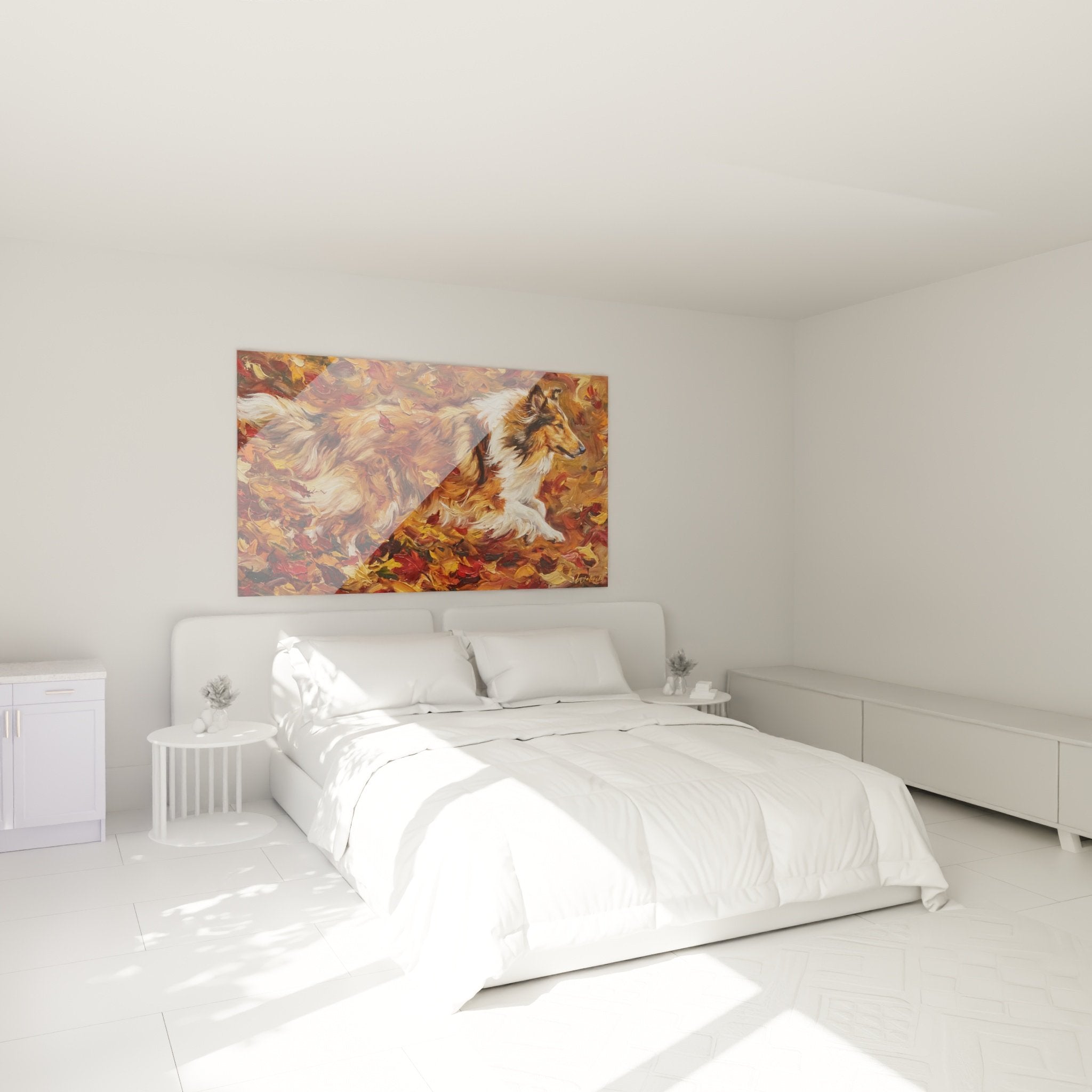 Tableau Collie automne dans chambre decoration murale tons chauds ambiance cosy