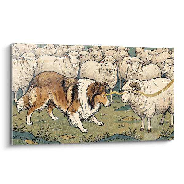 Cuadro de Perro Pastor y Ovejas en Prados - Escena Pastoral - Edición Collie