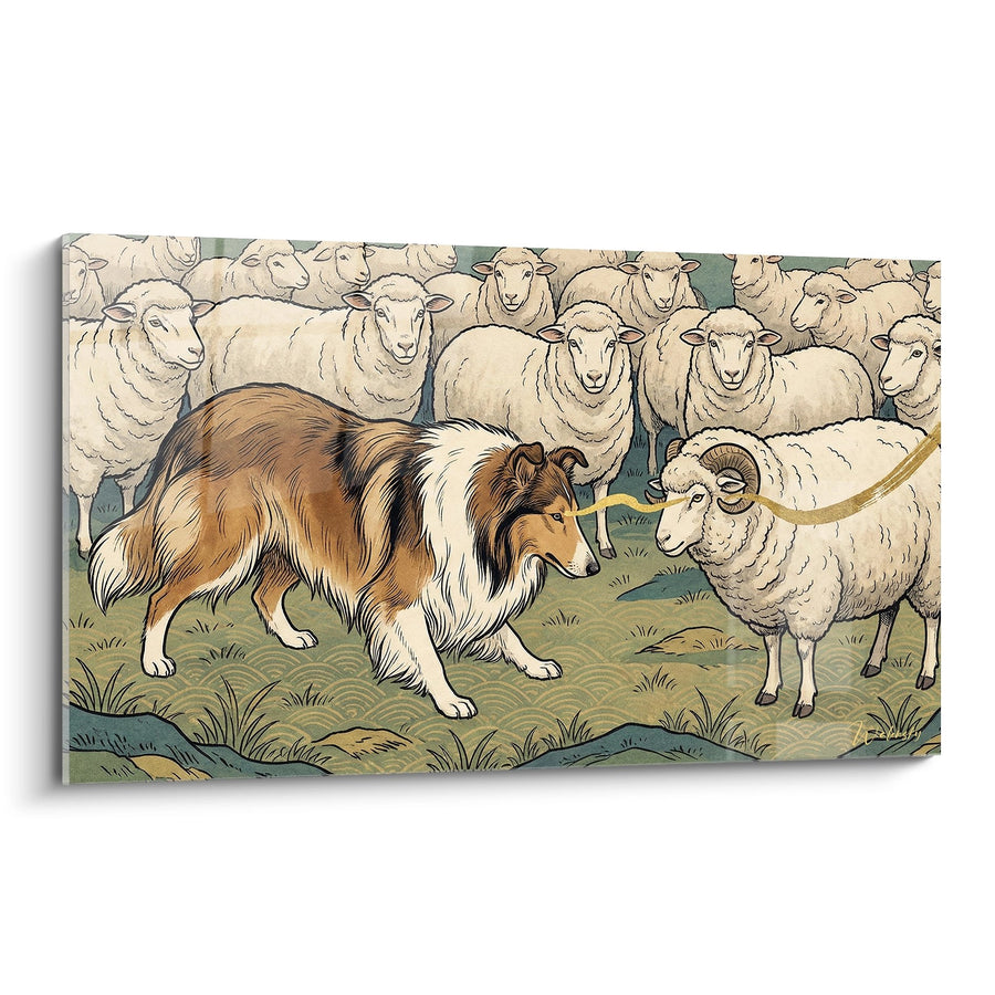Tableau Chien de Berger et Moutons dans les Pâturages - Scène Pastorale - Edition Collie