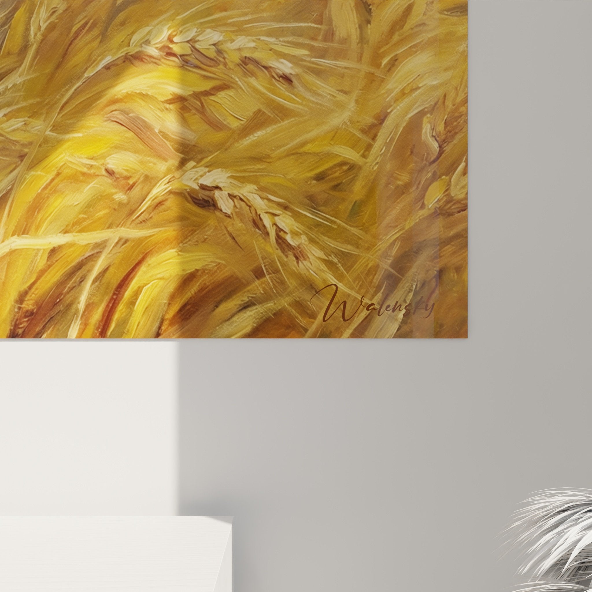tableau collie champ ble vue ensemble decoration interieure art animalier palette doree