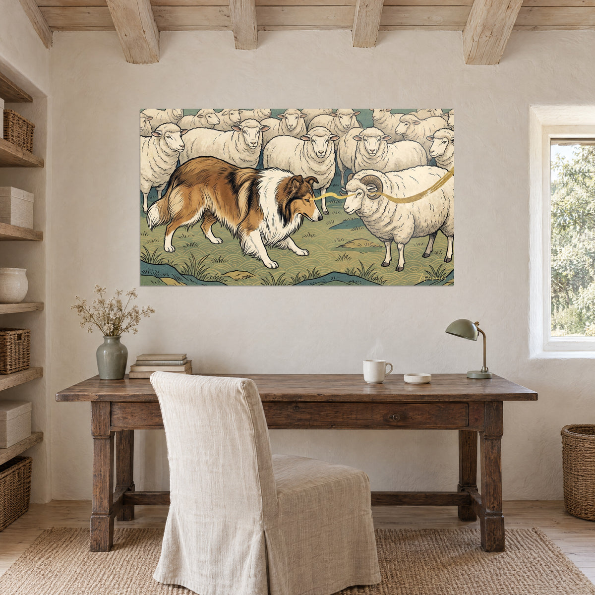 Gemälde einer japanisch inspirierten Weide, sandfarbener Collie neigt sich zu einem Widder, goldene Wellenmuster auf olivgrünem Gras, ockerfarbene Wand eines Arbeitszimmers