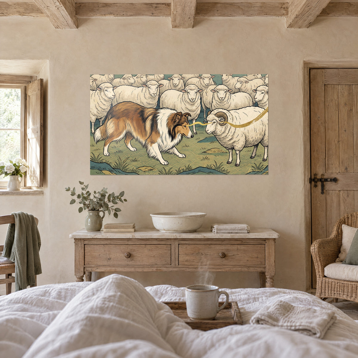 Gemälde einer Hirtenszene mit cremefarbenen Schafen, dicht gedrängt hinter einem braunen Collie, dessen weißes Fell wie ein Kragen wirkt, über einem Bett in einem hellen Schlafzimmer
