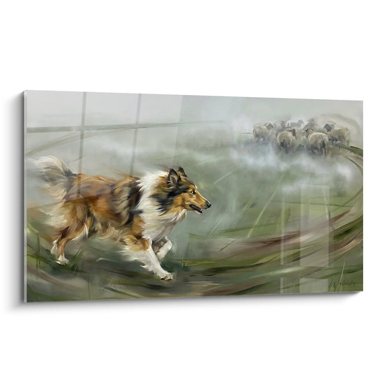 Kunstwerk Collie tricolor in dynamischer Bewegung zum Schafherd mit Bewegungsunschärfeeffekt