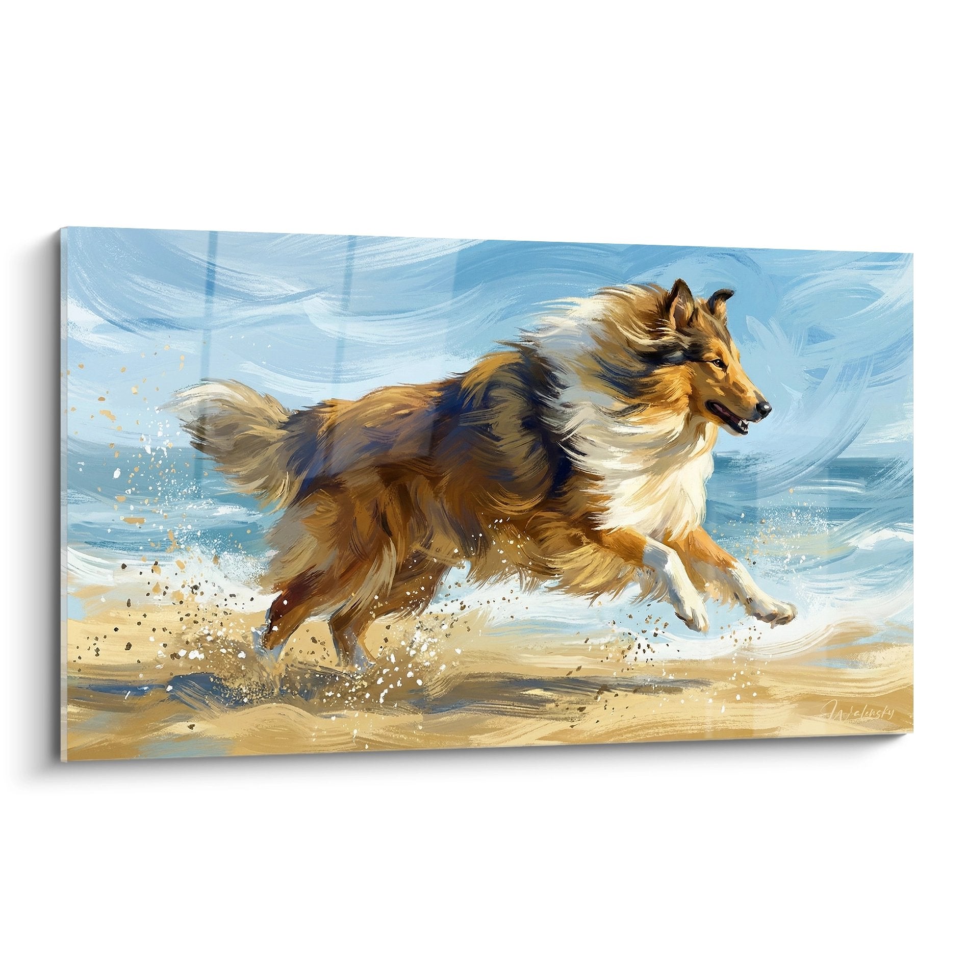 Tableau d'art mural représentant un Collie roux et blanc courant sur une plage avec des éclaboussures de sable