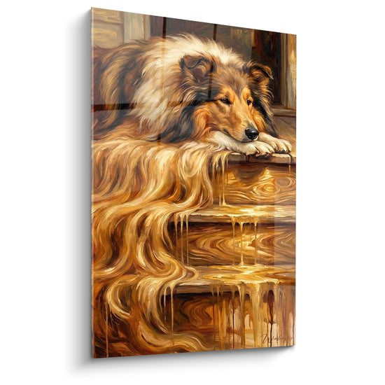 Tableau collie aux tons dorés allongé sur escalier en bois, pelage fauve et blanc, ambiance chaleureuse