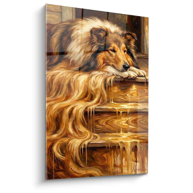Tableau Chien aux Tons Dorés sur Escalier en Bois - Repos Contemplatif - Edition Collie
