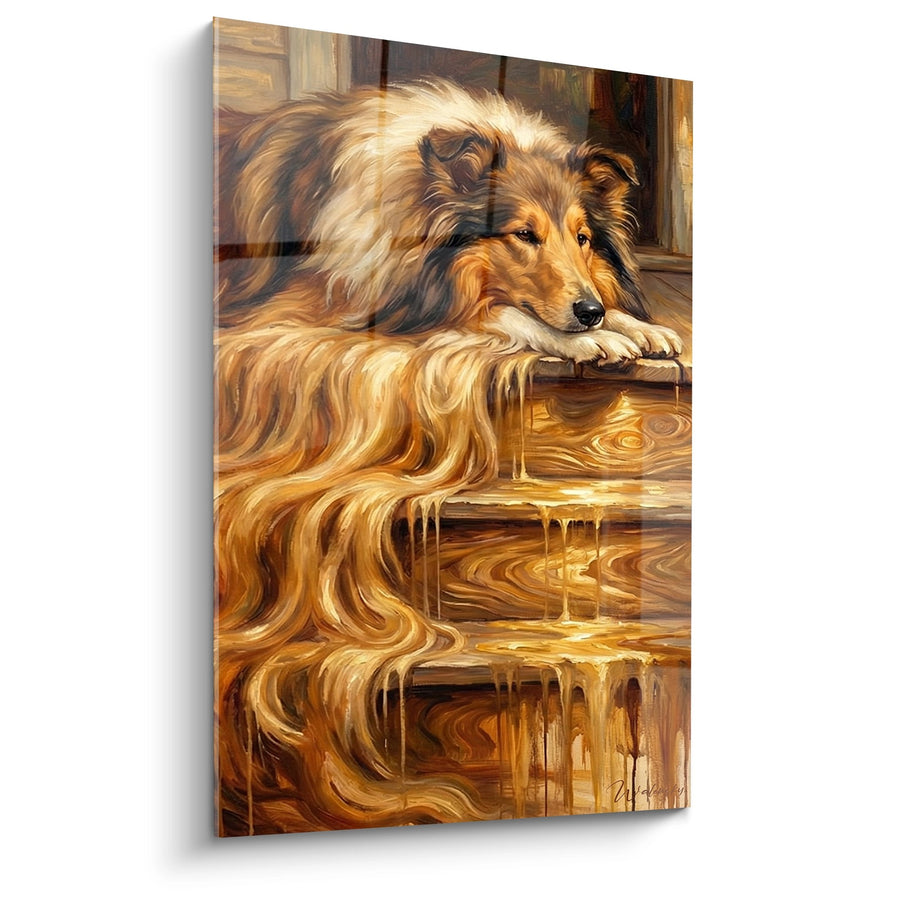 Schilderij van een Hond met Gouden Tonen op een Houten Trap - Contemplatieve Rust - Collie Editie