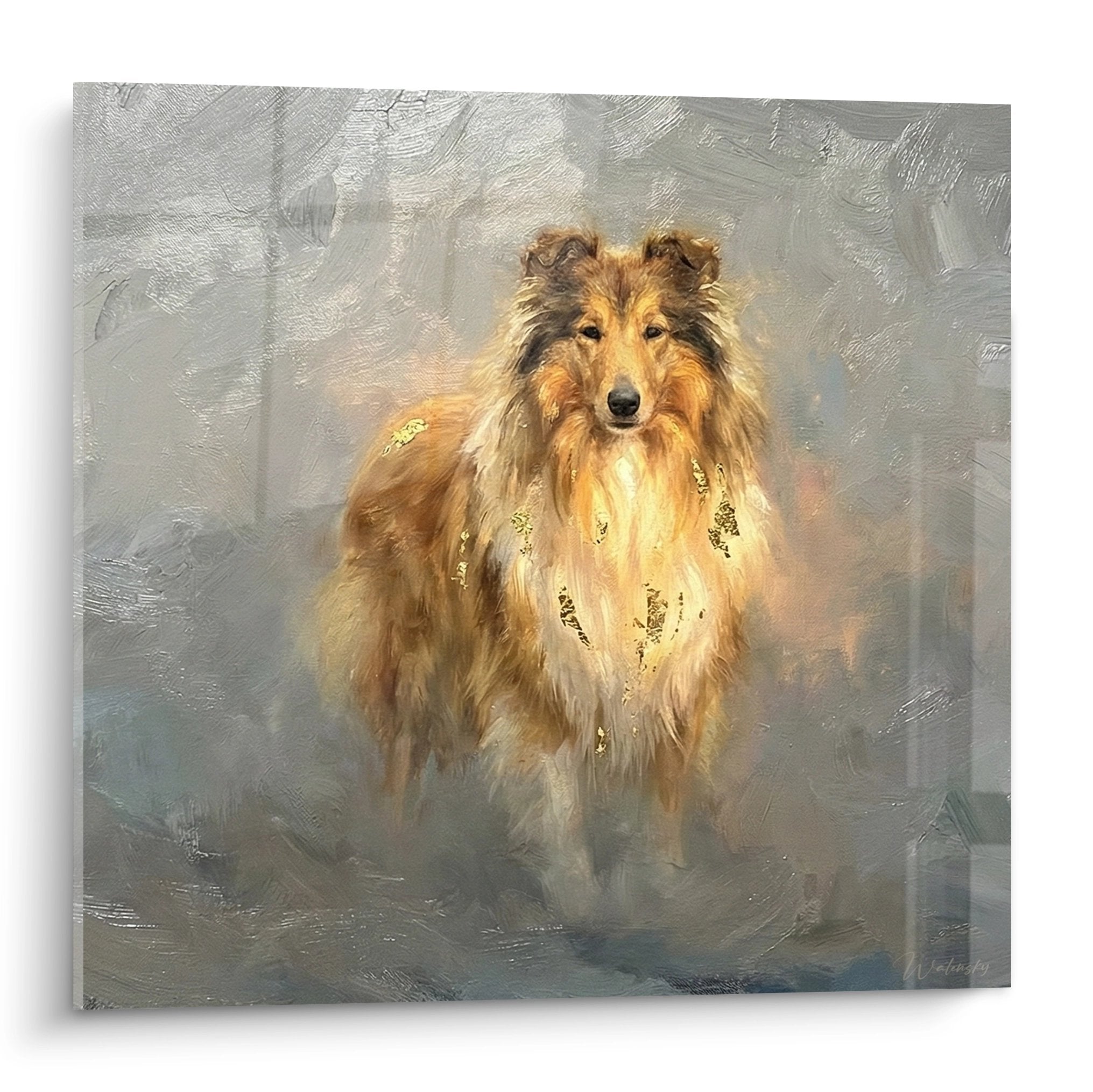 Portrait artistique d'un Collie aux reflets dorés sur fond gris nuageux, peinture à l'huile style classique