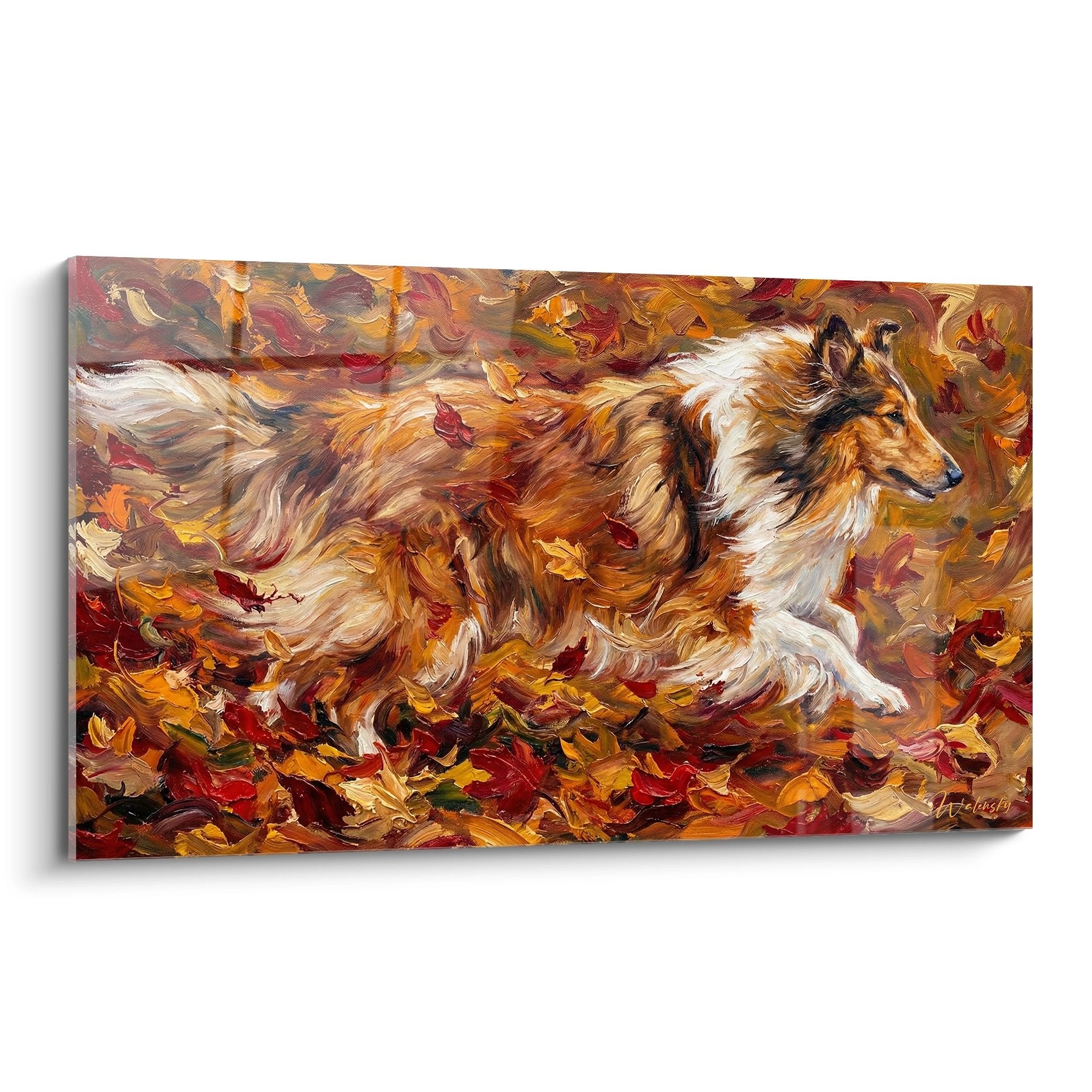 Tableau peinture Collie tricolore courant dans feuilles automne tons chauds ocre rouge doré