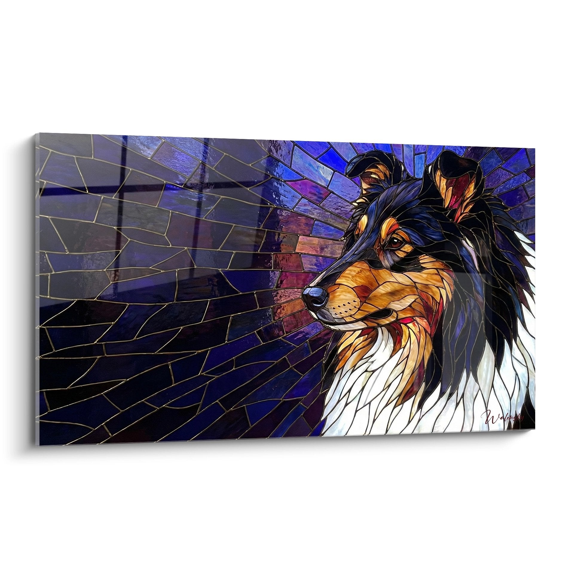 Portrait de Collie en mosaïque vitrail aux tons bleus violets et orange, style géométrique tesselles dorées