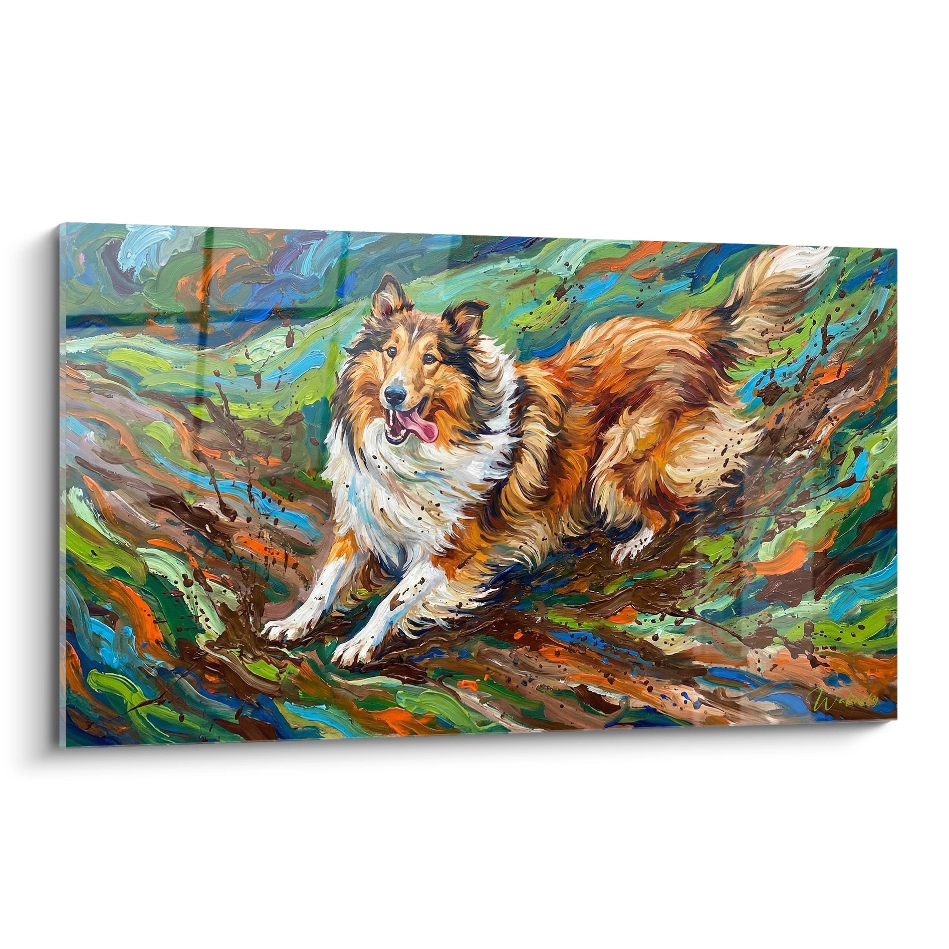 Tableau moderne representant un collie tricolore en mouvement dans un tourbillon de couleurs vives et expressives