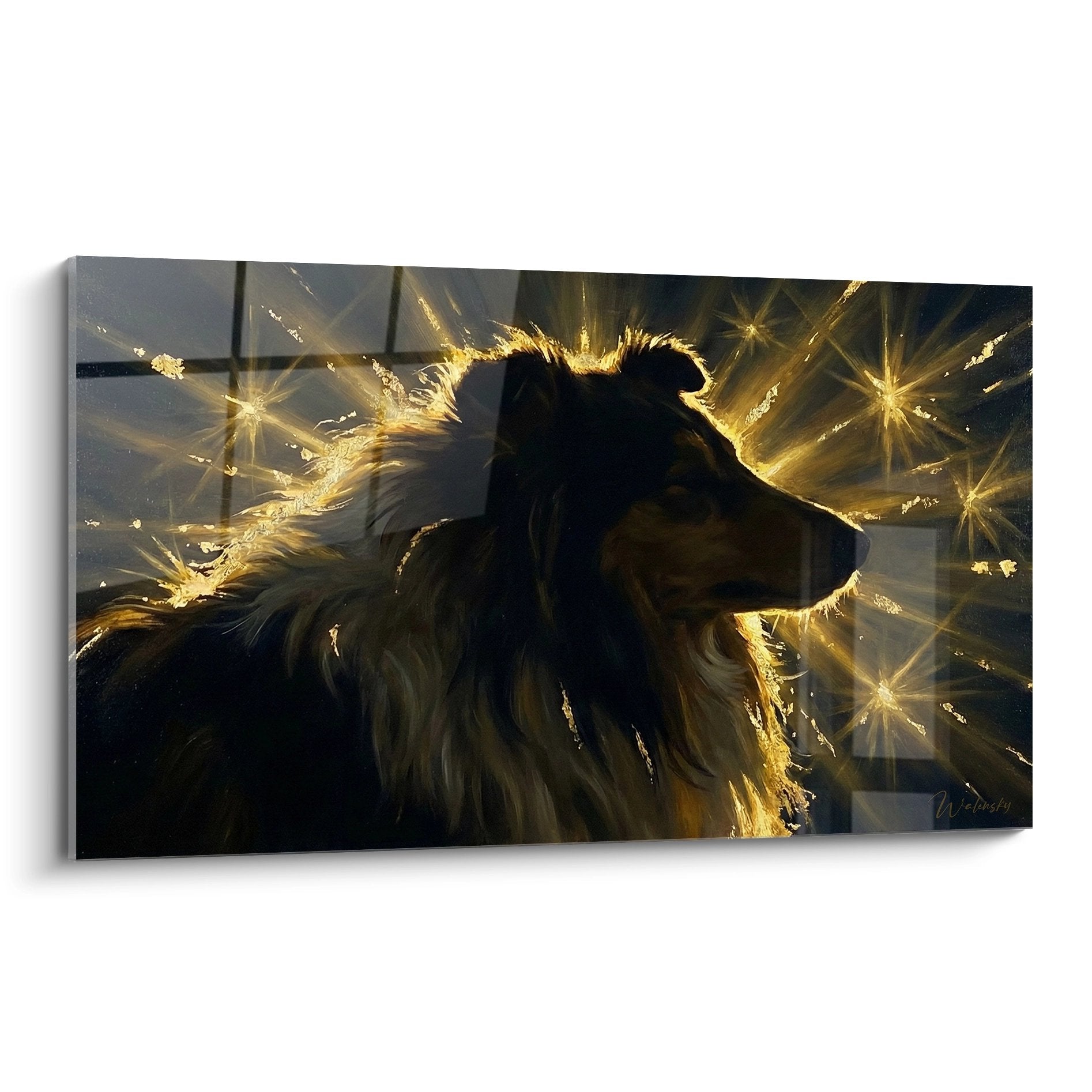 Tableau artistique Collie aux rayons dorés éclatants sur fond lumineux effet stellaire