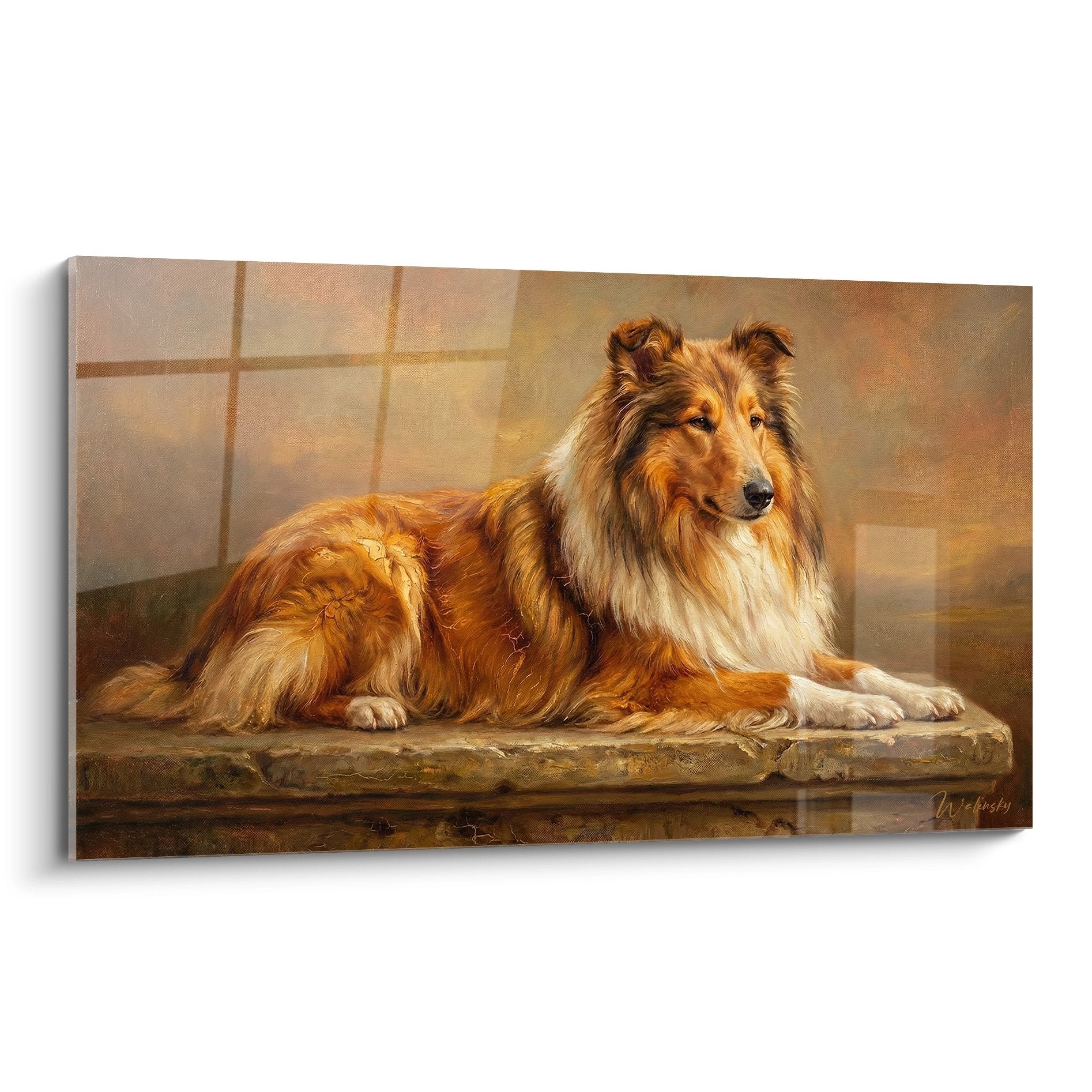 Tableau d'un collie roux allongé sur pierre dans tons dorés, portrait canin réaliste aux nuances chaleureuses