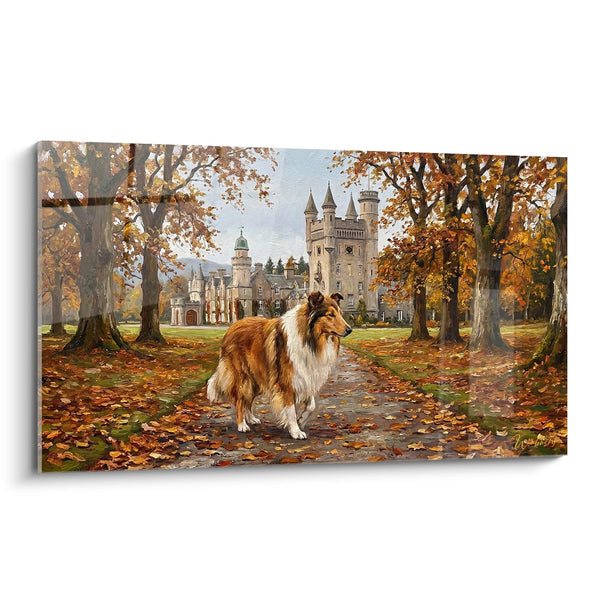 Cuadro de Collie Rojo y Blanco frente a Castillo Otoñal - Nobleza Escocesa - Edición Collie