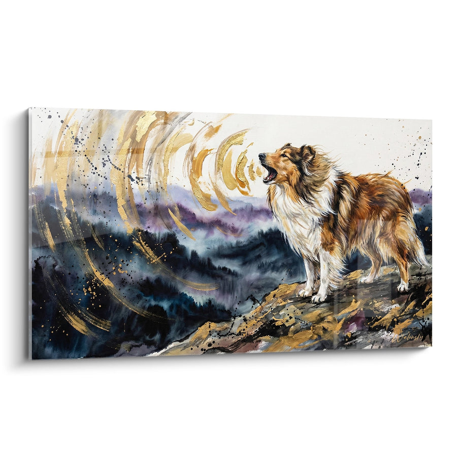 Tableau Collie Tricolore sur Rochers Dorés - Hurlement Majestueux - Edition Collie