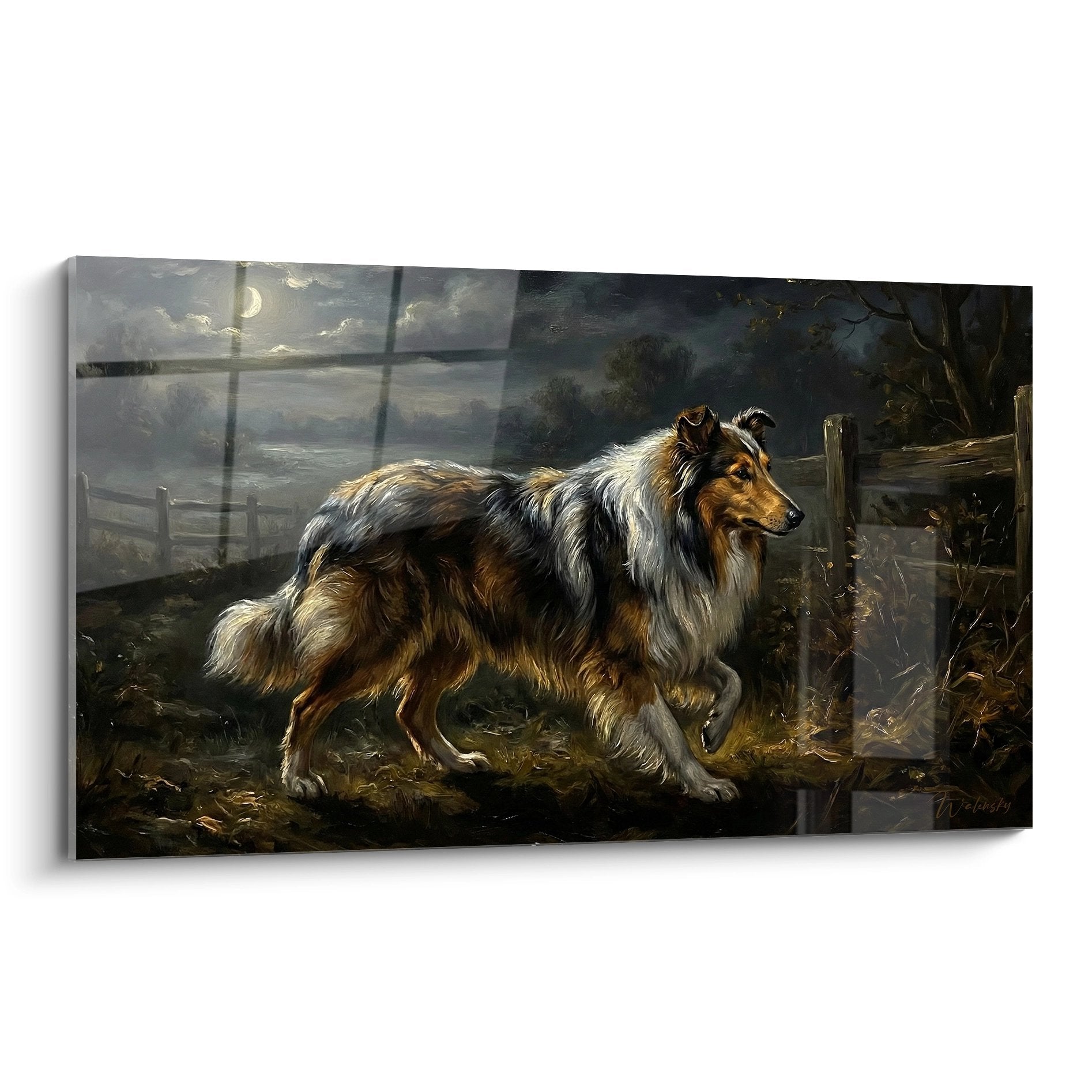 Tableau peinture Collie tricolore dans paysage nocturne sous la lune, style art animalier classique tons chauds