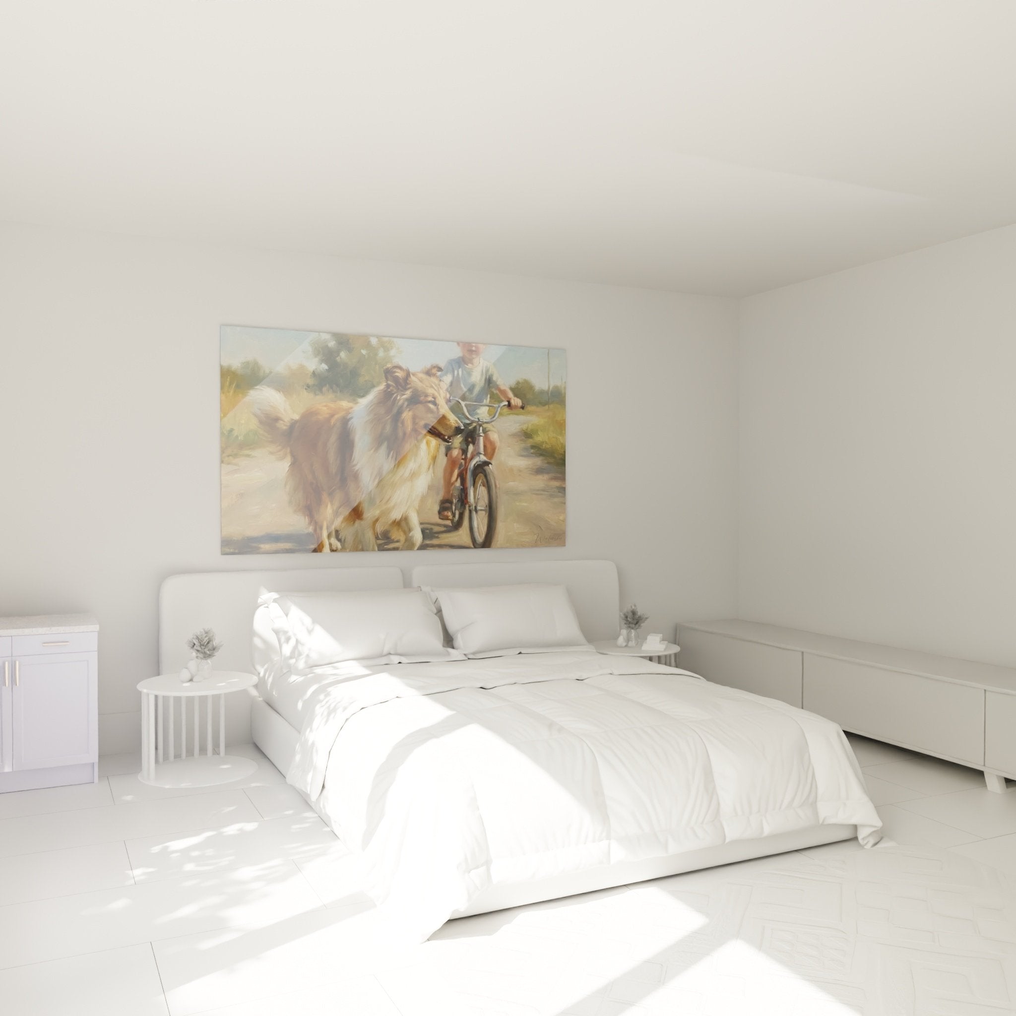 Tableau Collie et enfant à vélo décorant harmonieusement une chambre aux tons naturels et chaleureux