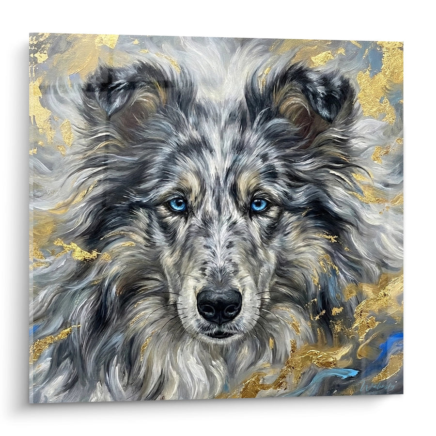 Tableau Collie aux yeux bleus sur fond doré et argenté - Regard Envoûtant - Edition Collie