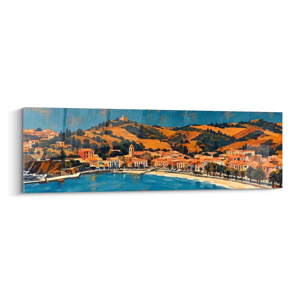 Tableau Collioure, village catalan orangé et baie bleu marine, voiliers et plage peints en aplat