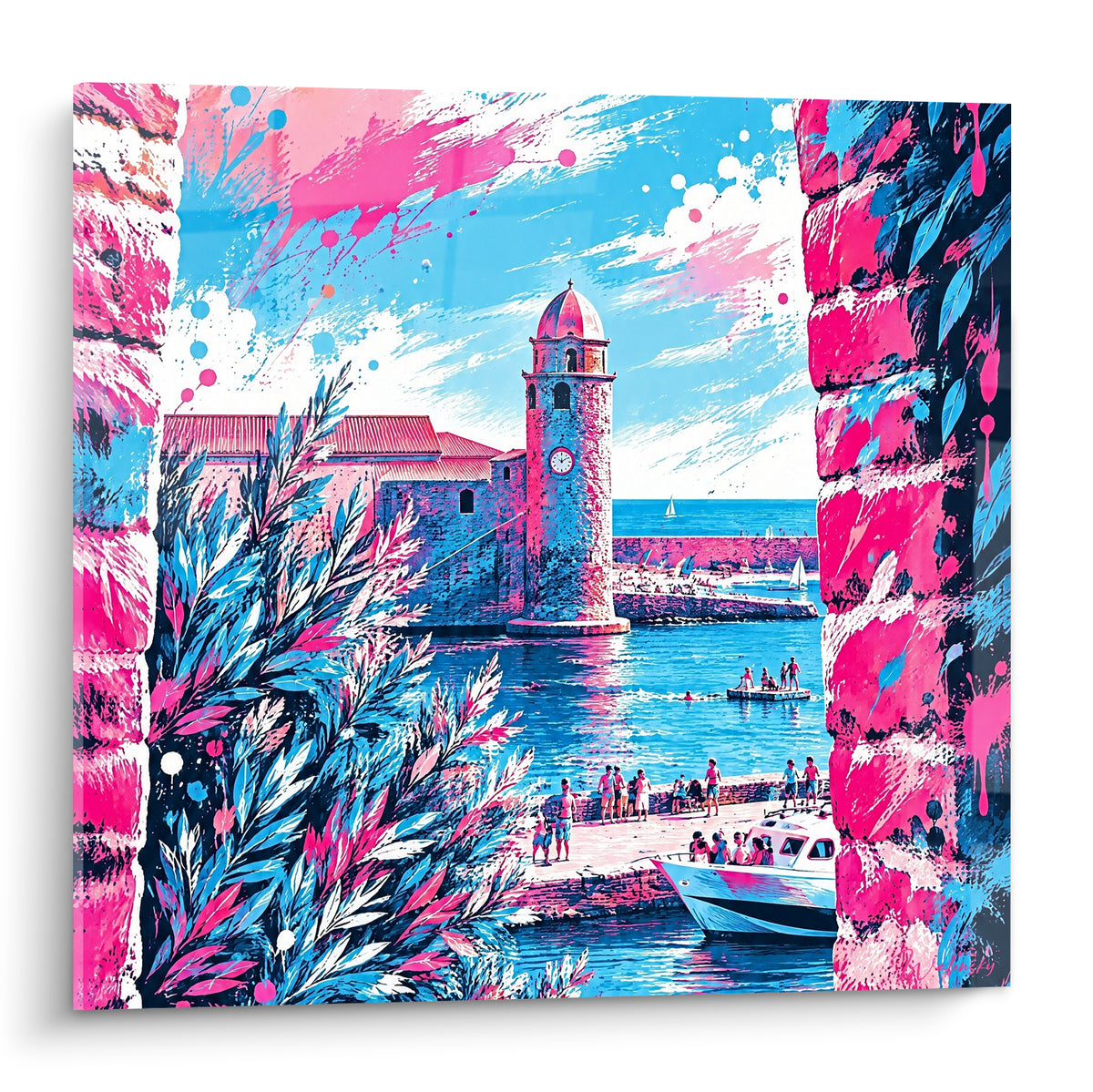 Tableau clocher rose et bleu de Collioure dominant un port animé, éclaboussures graphiques vives