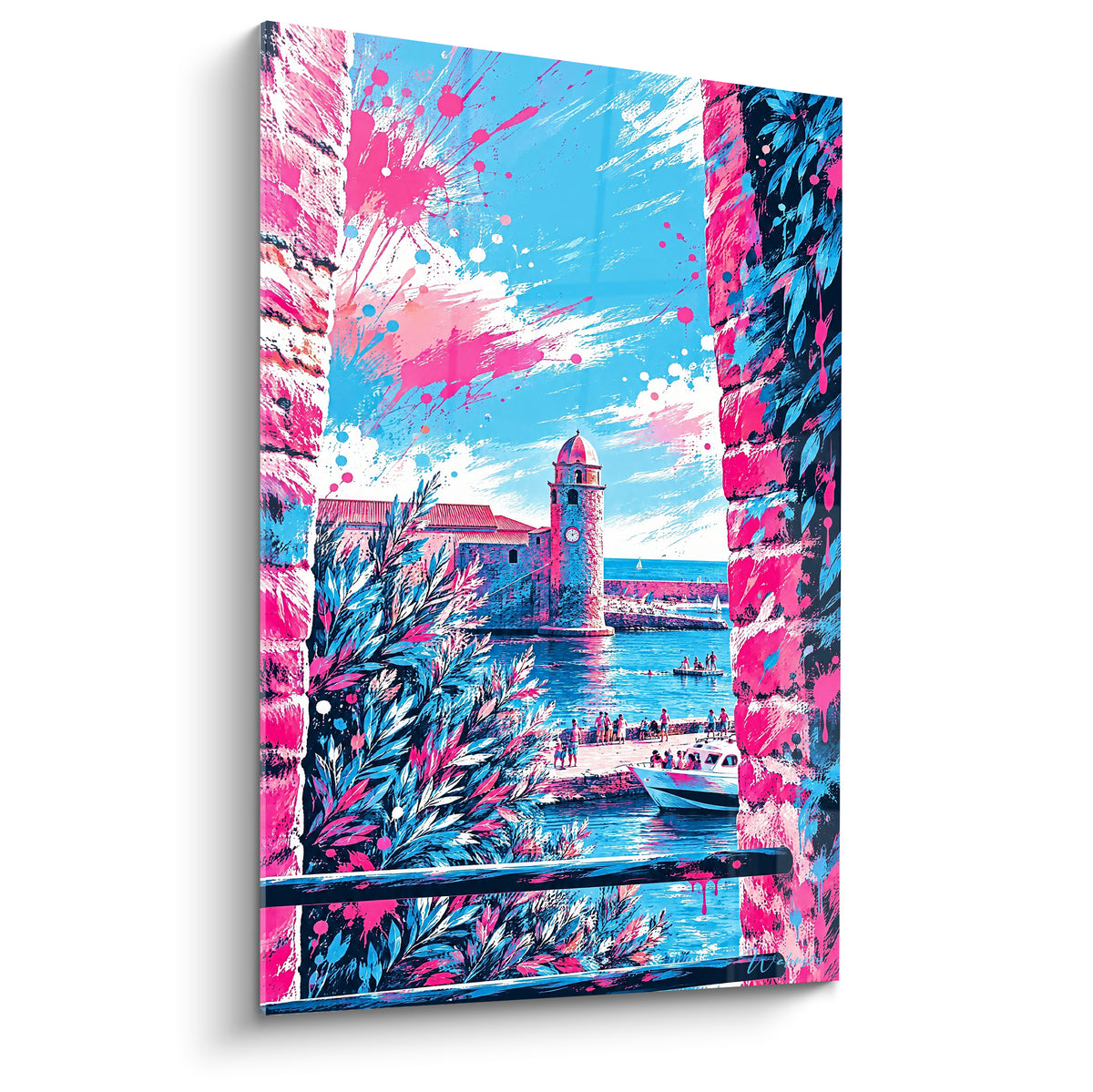 Cuadro campanario de Collioure en rosa fucsia y azul cielo, enmarcado por follaje salpicado en primer plano