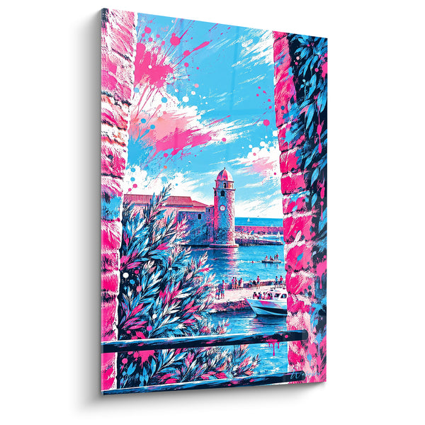 Tableau Clocher rose et bleu depuis une fenêtre fleurie - Échappée méditerranéenne - Edition Collioure Occitanie France