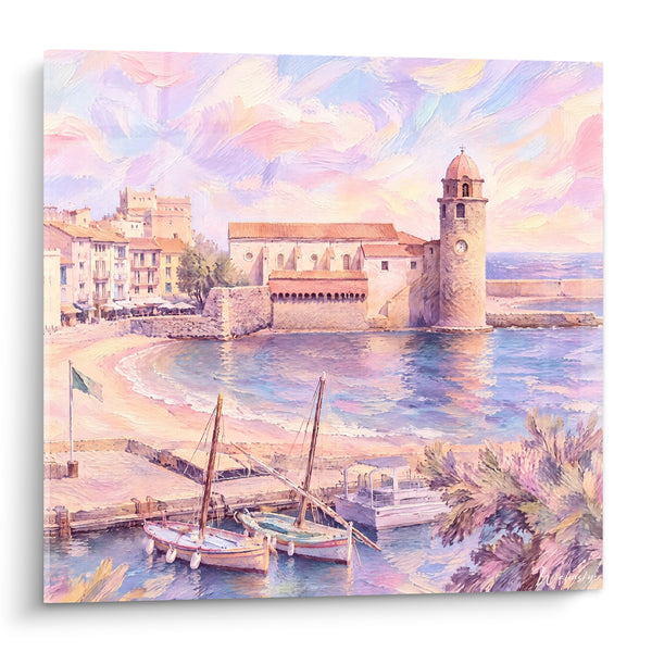 Tableau Clocher rose et mauve au port - Douceur méditerranéenne - Edition Collioure Occitanie France