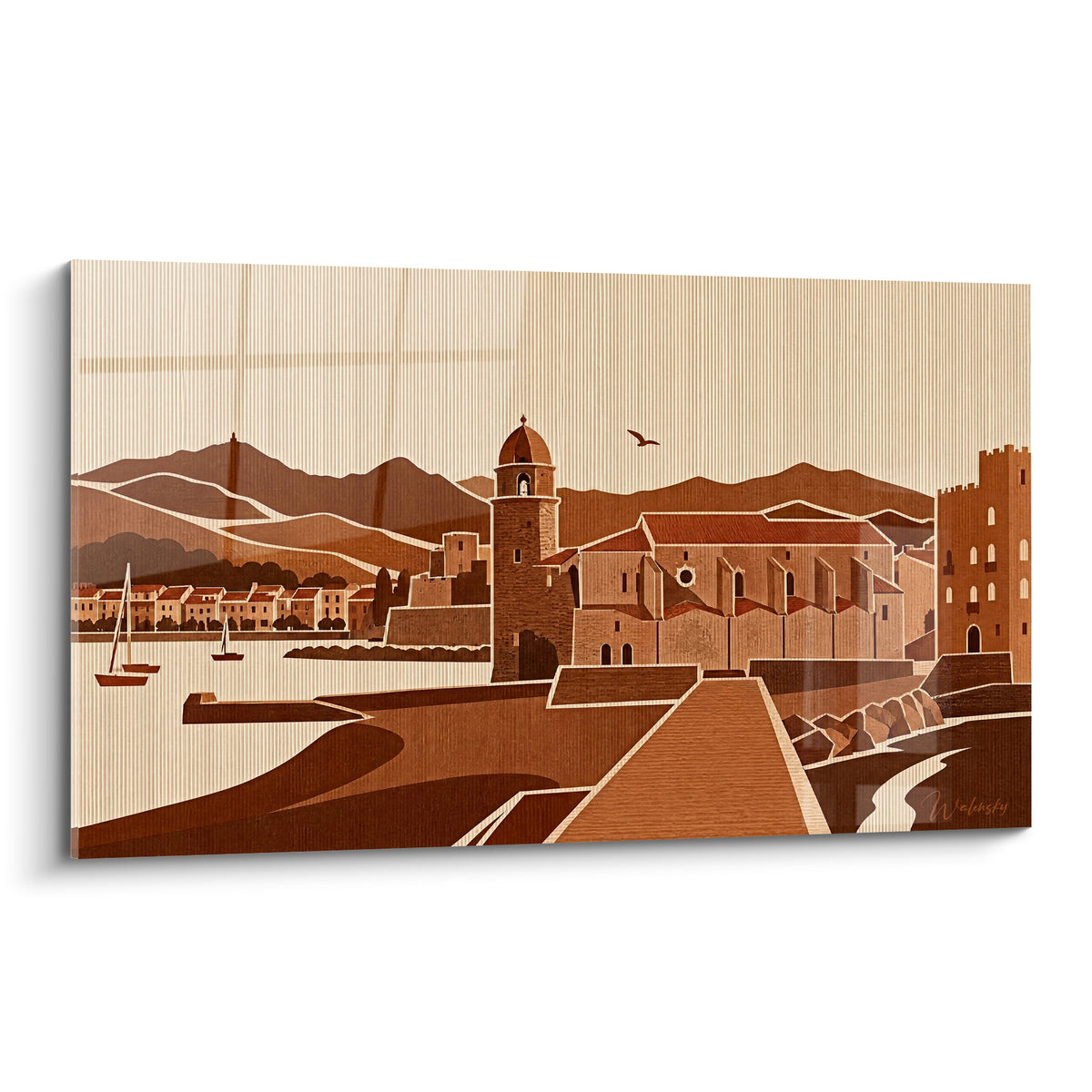 Wall art Catalan bell tower in terracotta and ochre overlooking the Collioure harbour with sailboats and a bird