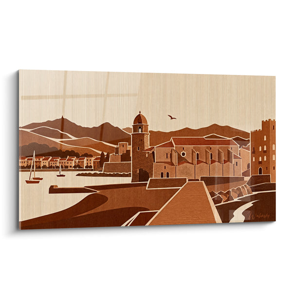 Painting Bell Tower and Church by the Harbor - Mediterranean Serenity - Collioure Occitanie France Edition