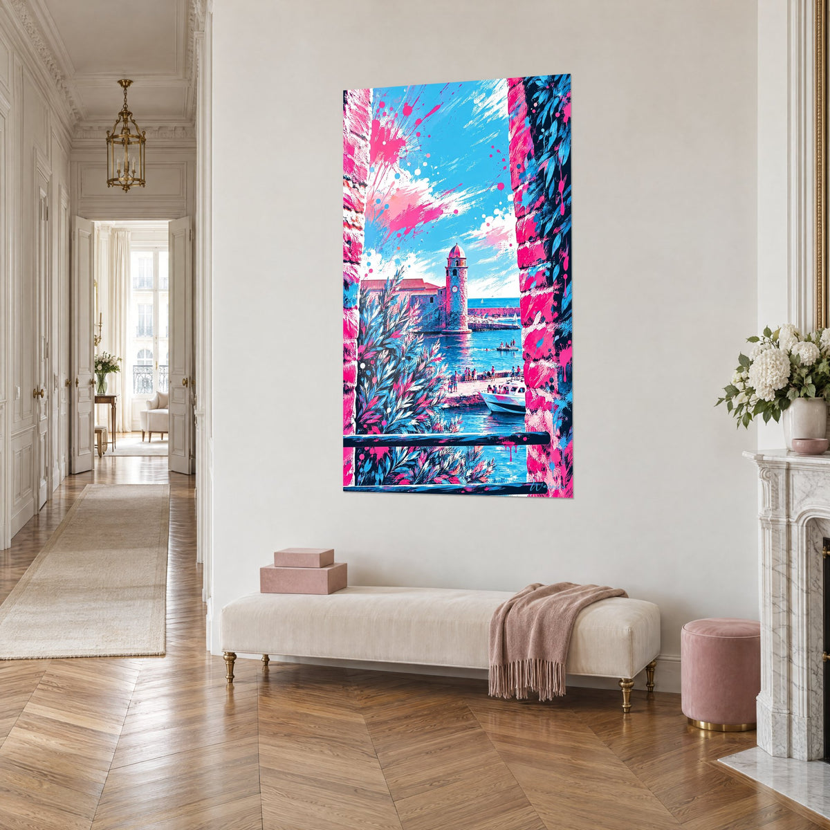 Cuadro torre con cúpula rosa dominando un puerto turquesa, salpicaduras fucsia, muros de piedra rosa, vista de tres cuartos, salón haussmanniano