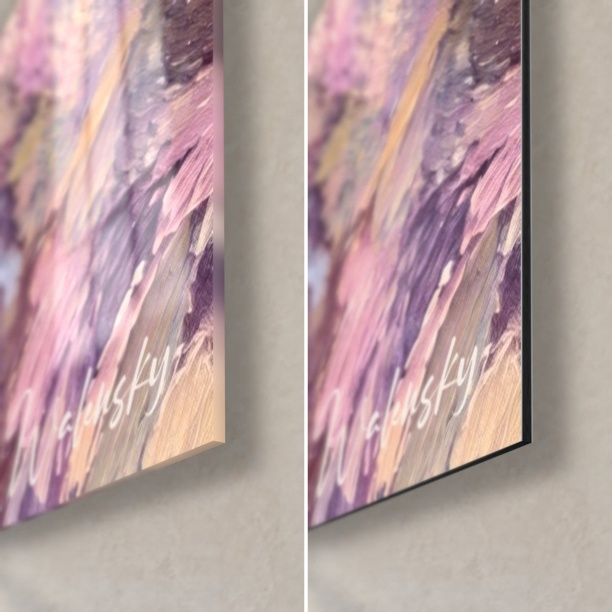 Quadro torre di Collioure in pasta spessa rosa e viola, angolo in basso a destra, vetro acrilico lucido e Dibond opaco, spessore 3 mm