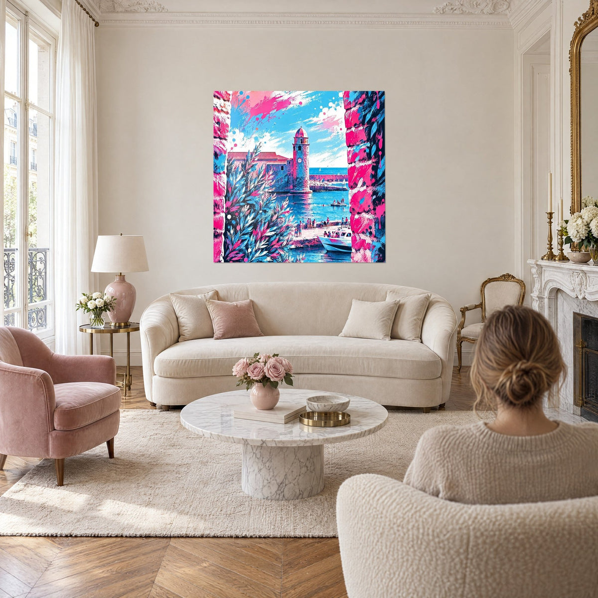 Tableau clocher rose et bleu dominant un port, éclaboussures fuchsia et ciel turquoise, au-dessus d'un canapé dans un salon lumineux